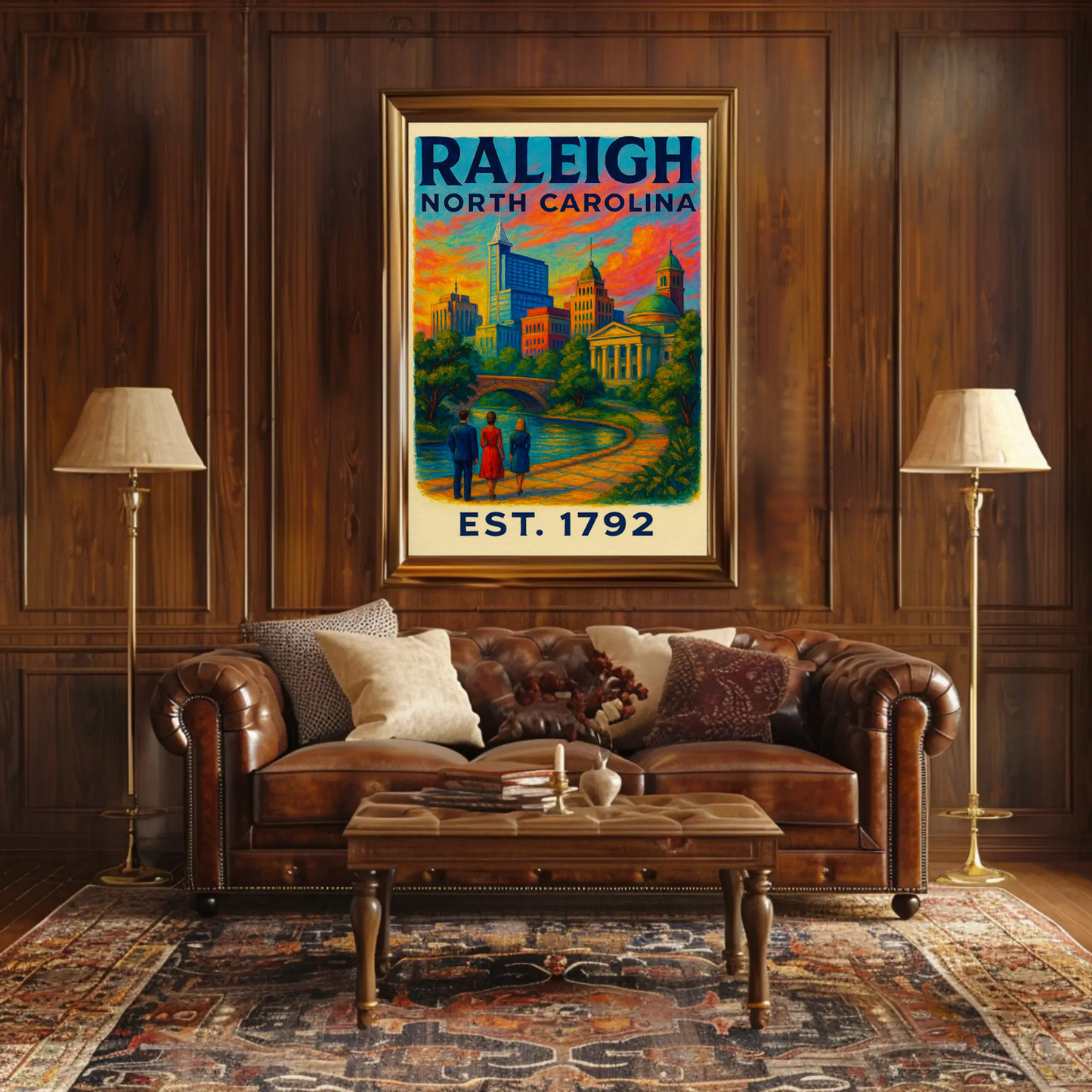 Raleigh North Carolina Skyline River Sunset Travel Poster