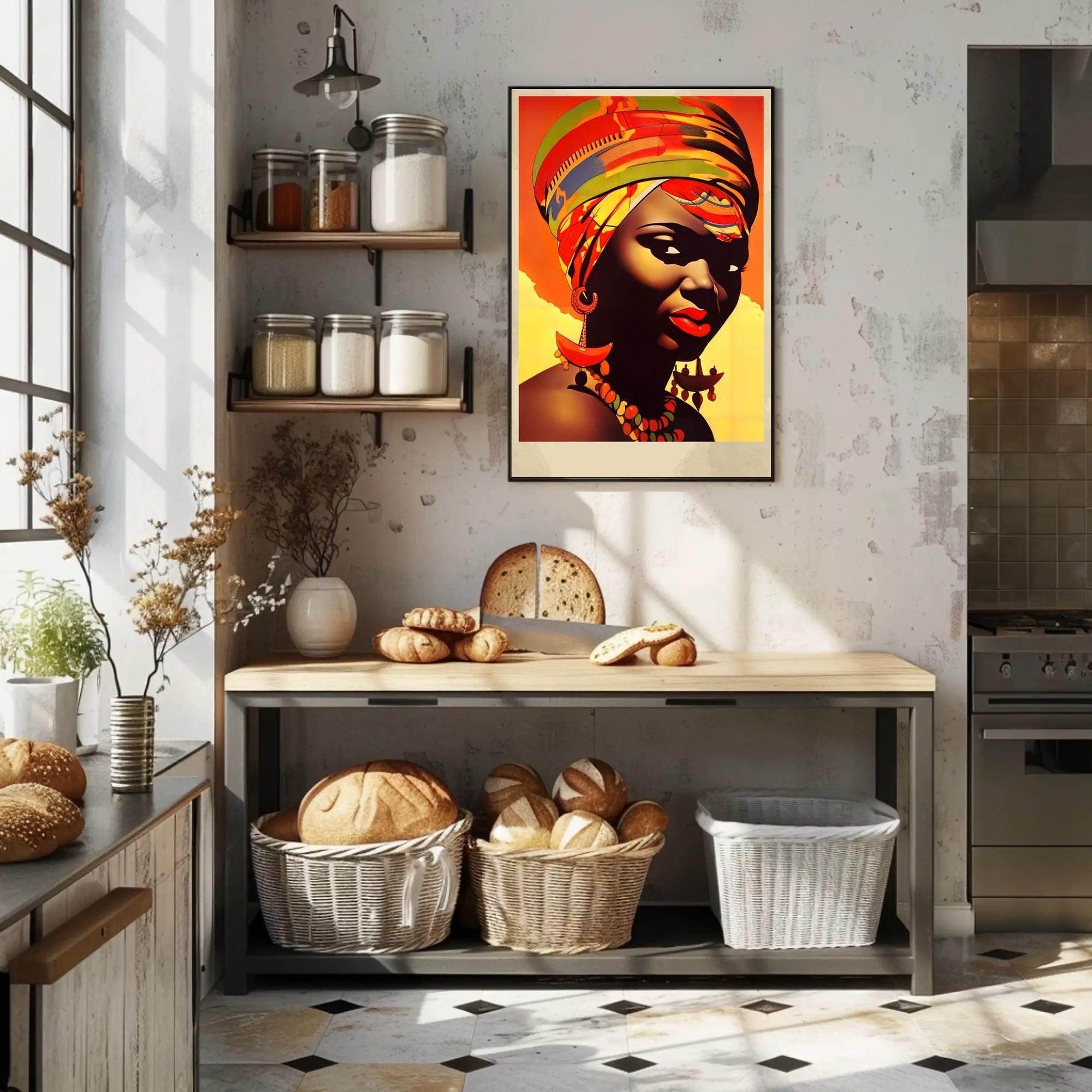 Vibrant Elegance: Woman with Colorful Headwrap and Bold Accessories Poster