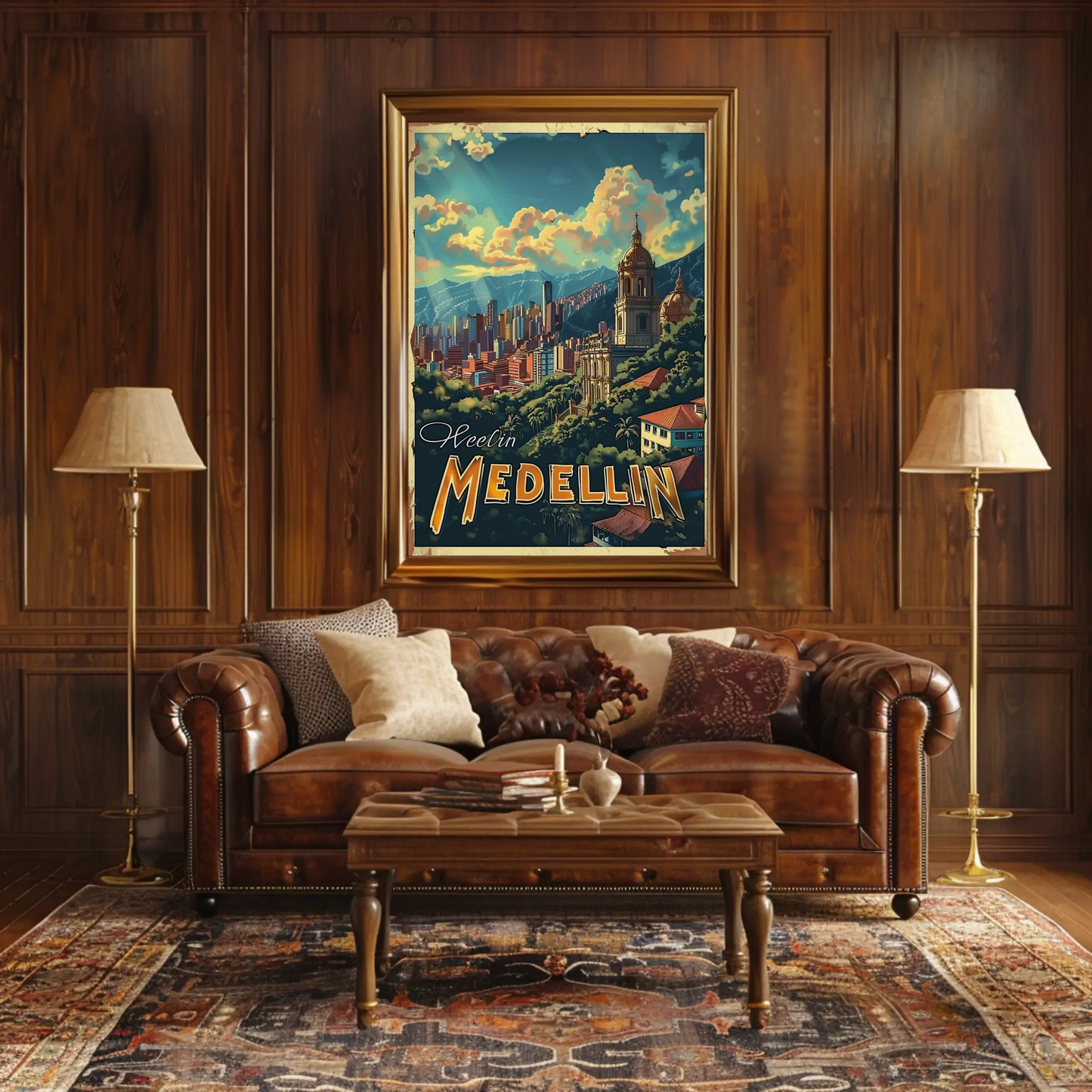 Medellin Cathedral City Skyline Colombian Landscape Travel Poster
