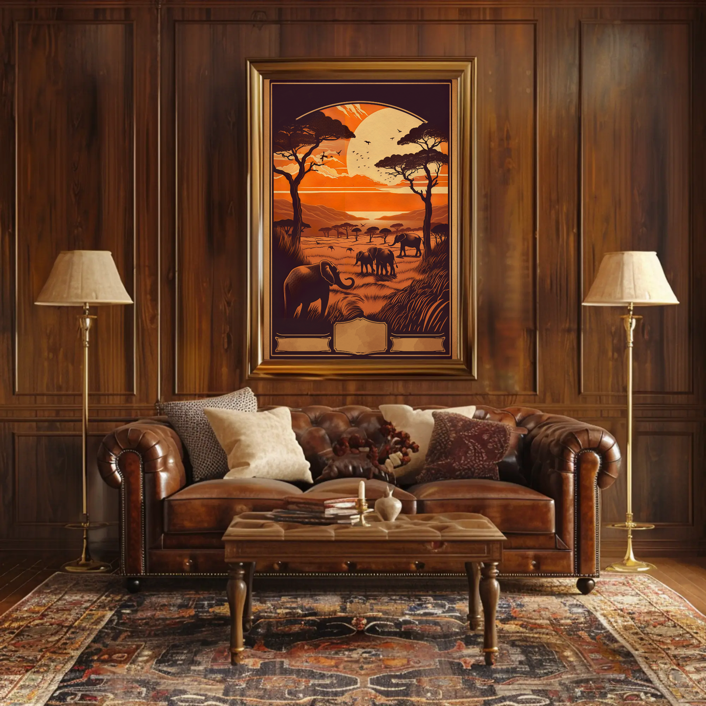 African Savanna Elephants Sunset Wildlife Travel Poster