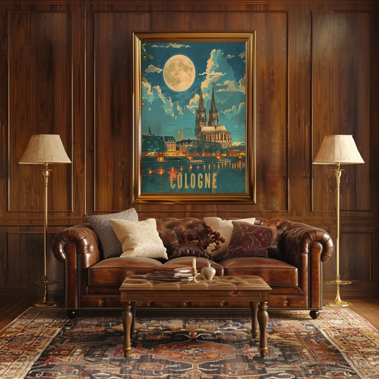Cologne Cathedral Moonlight River Reflection Travel Poster