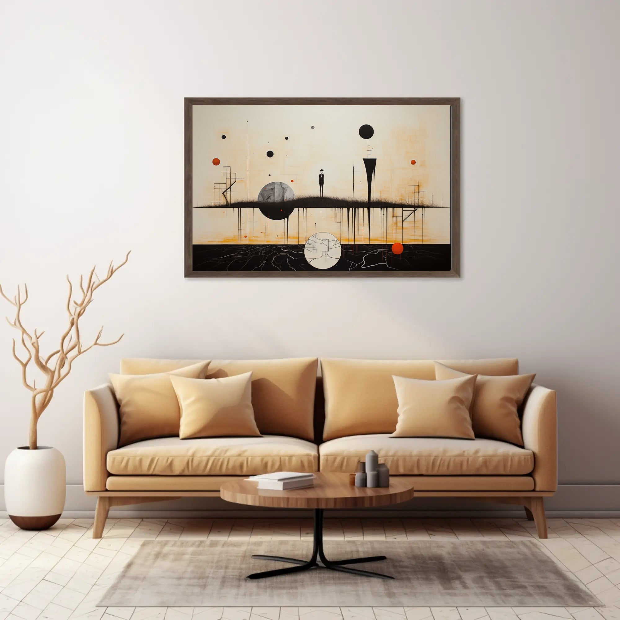 Surrealist Minimalist Scene with Celestial Bodies: Artistic Poster