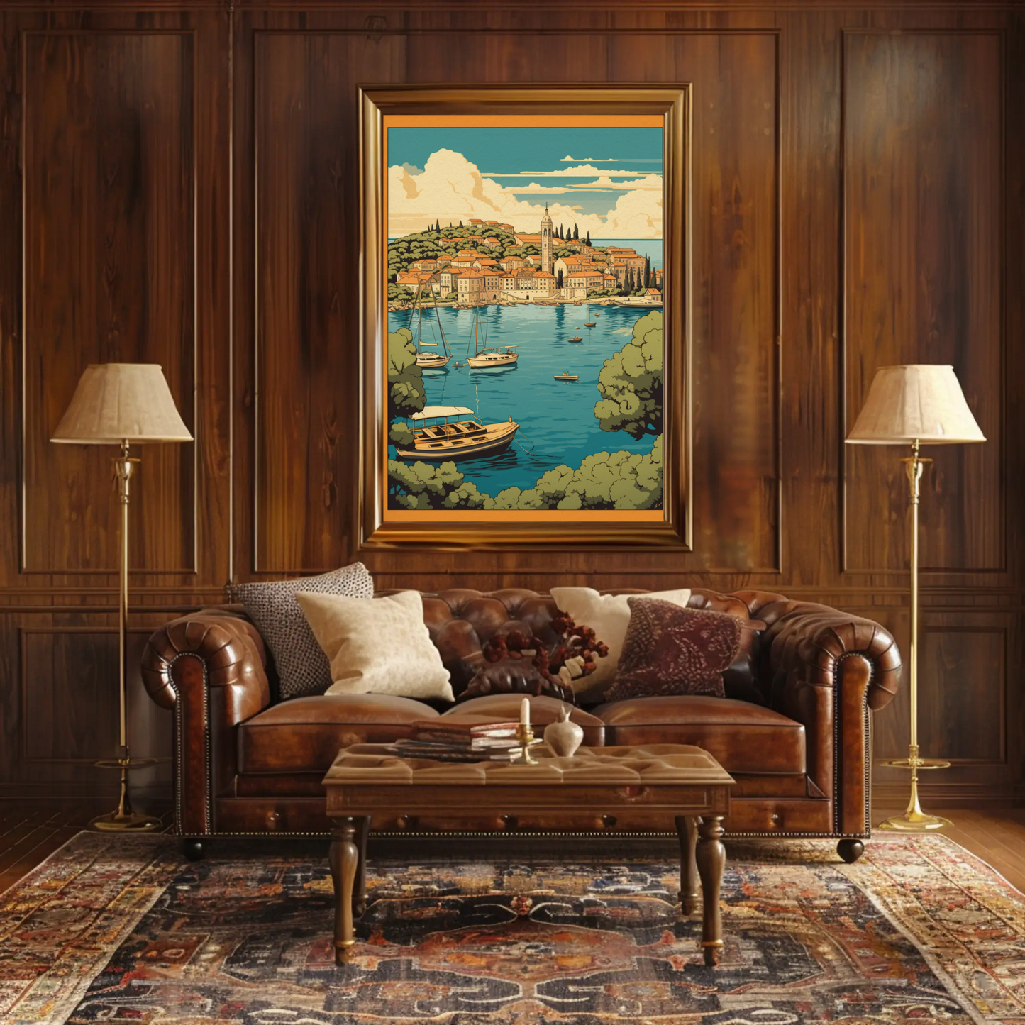 Coastal Mediterranean Village Boats Scenic Bay Travel Poster