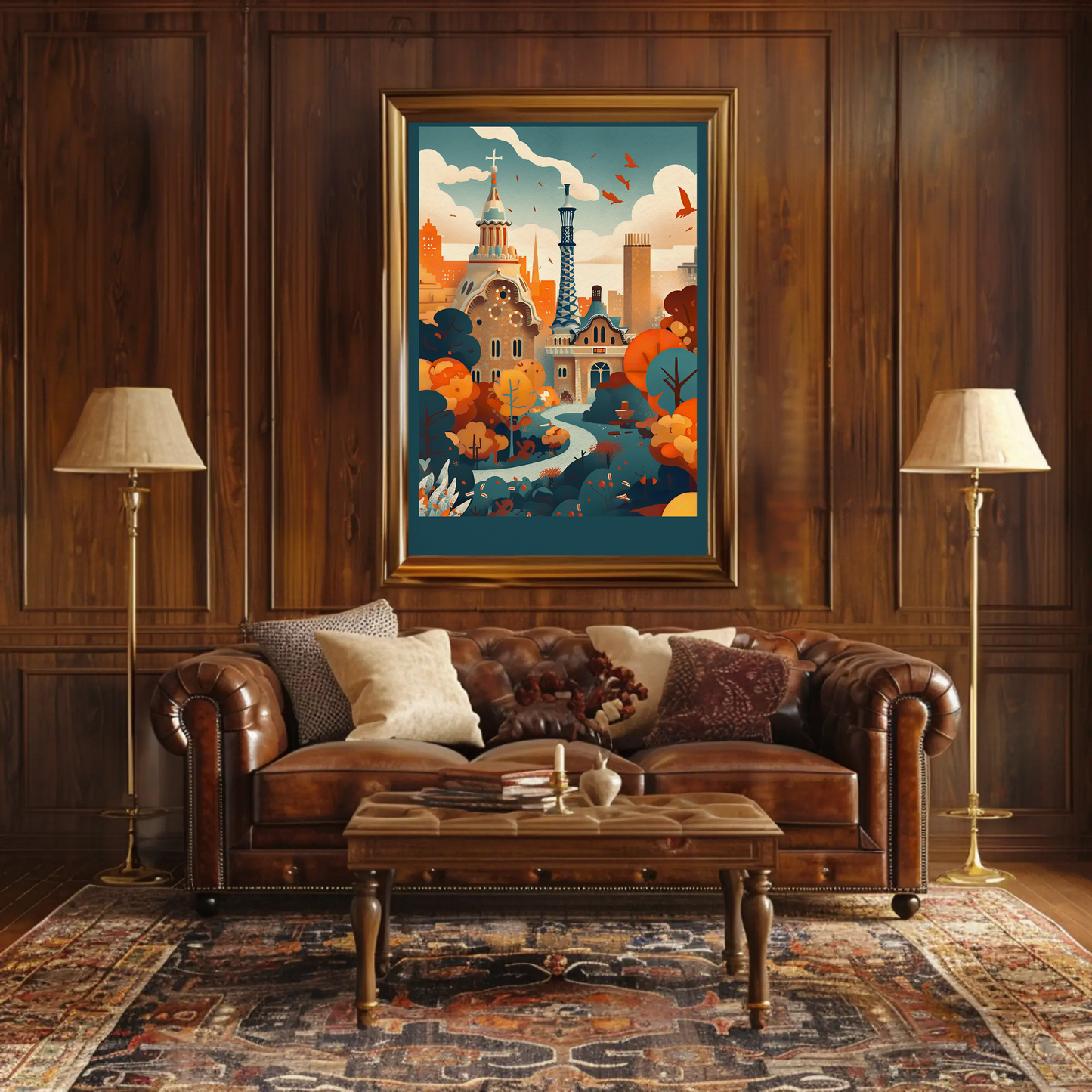Barcelona Park Guell Surreal Skyline Travel Poster