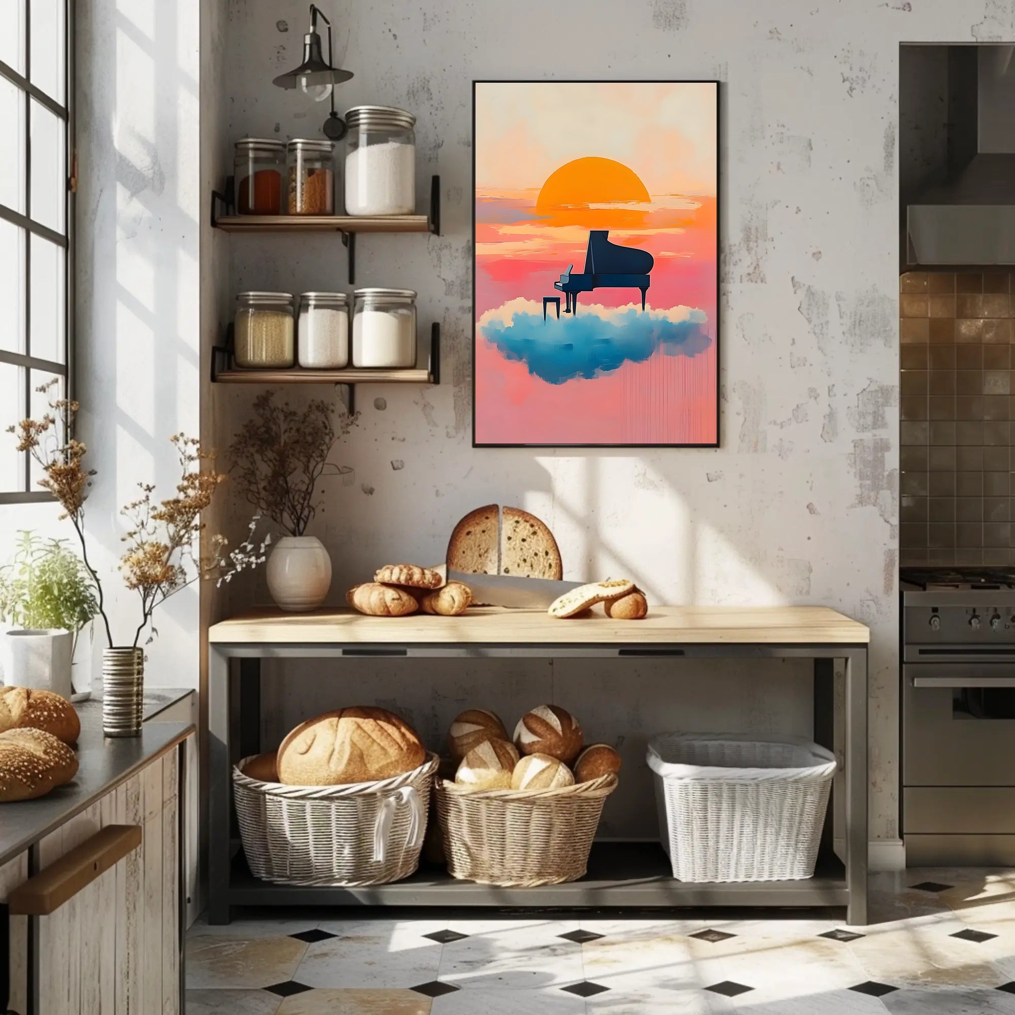 Piano In Clouds Dreamy Poster Sunset Wall Art