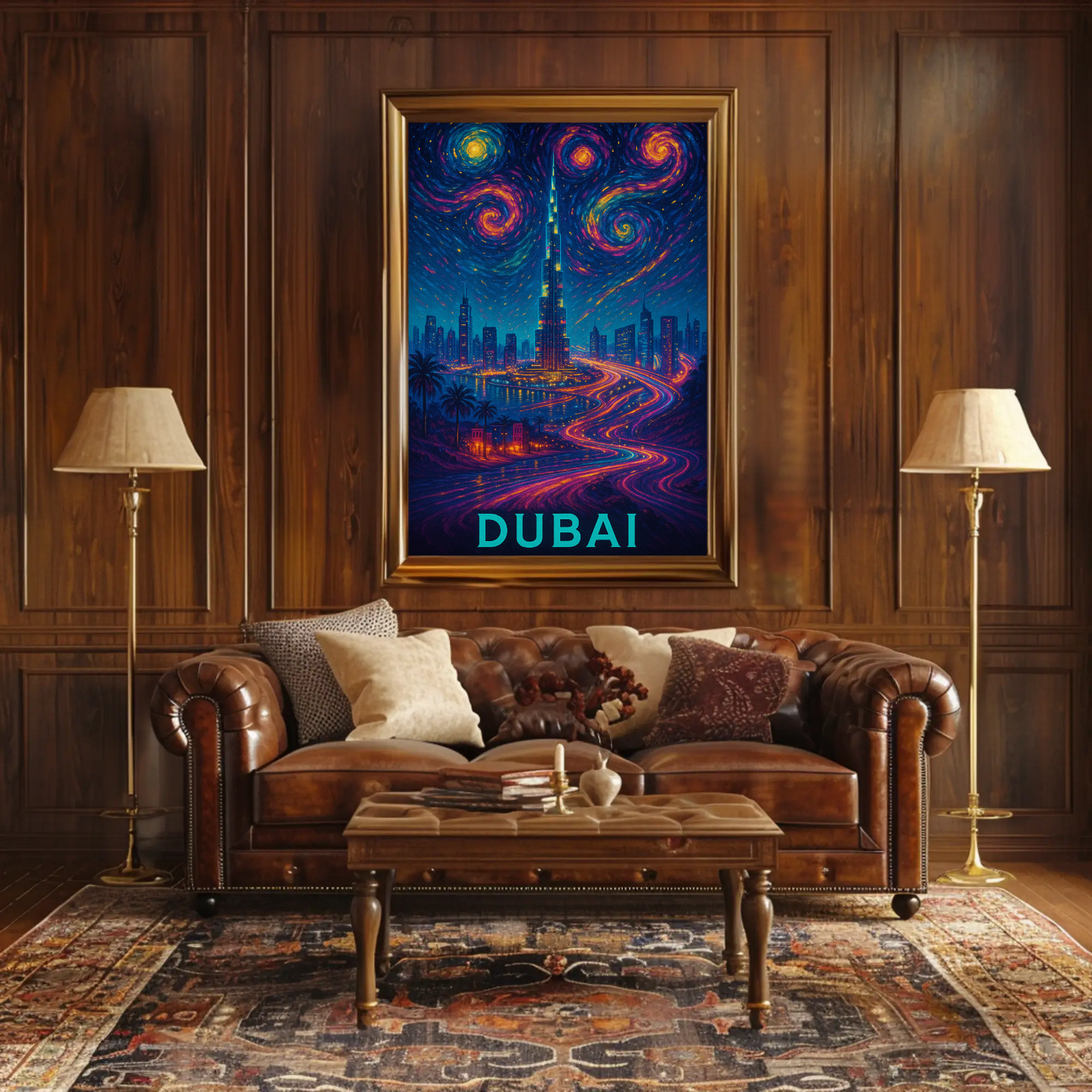 Dubai Burj Khalifa Starry Neon Skyline Night Travel Poster