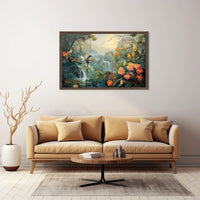 Vibrant Jungle Scene with Exotic Waterfalls Poster