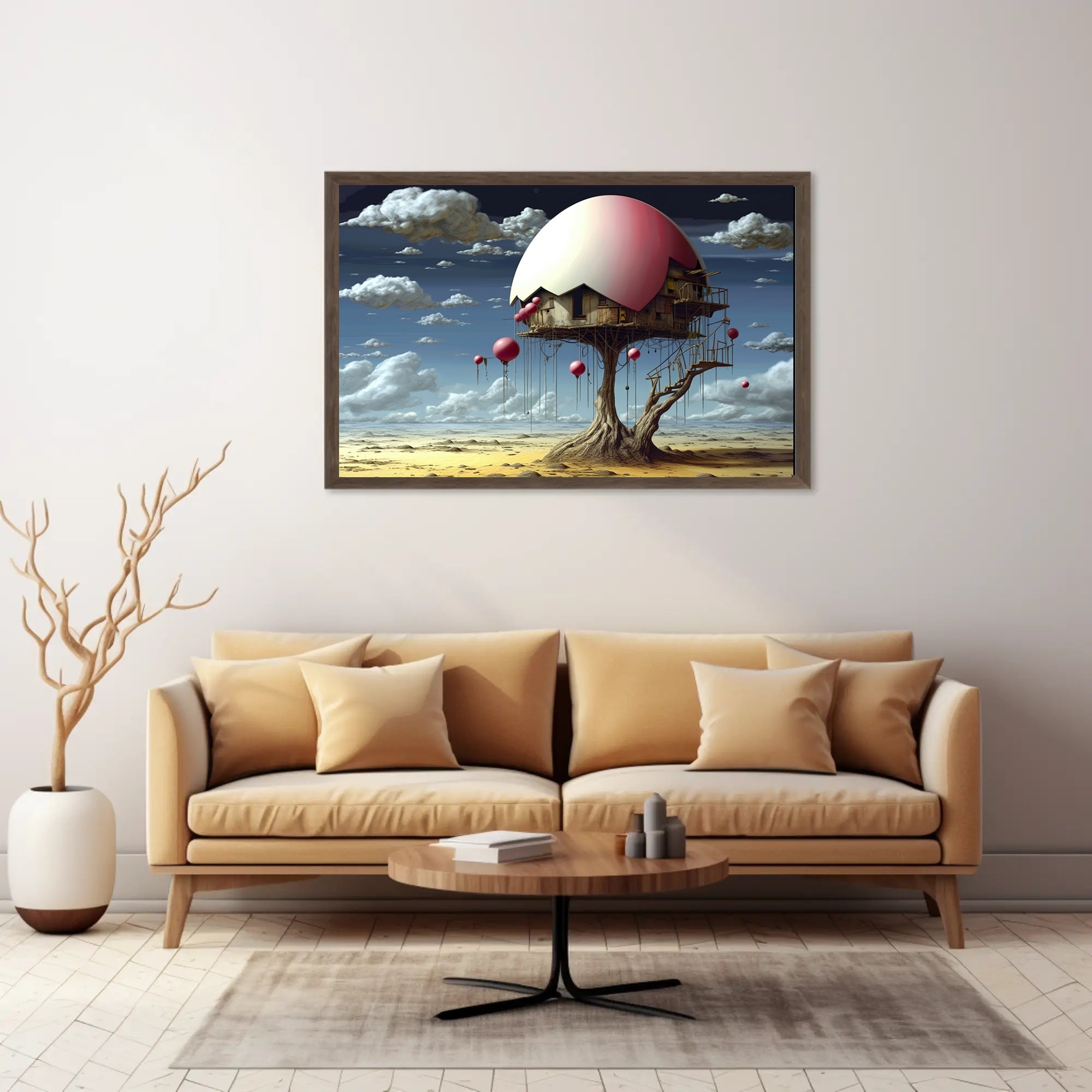 Surreal Desert House with Whimsical Balloons Artistic Poster