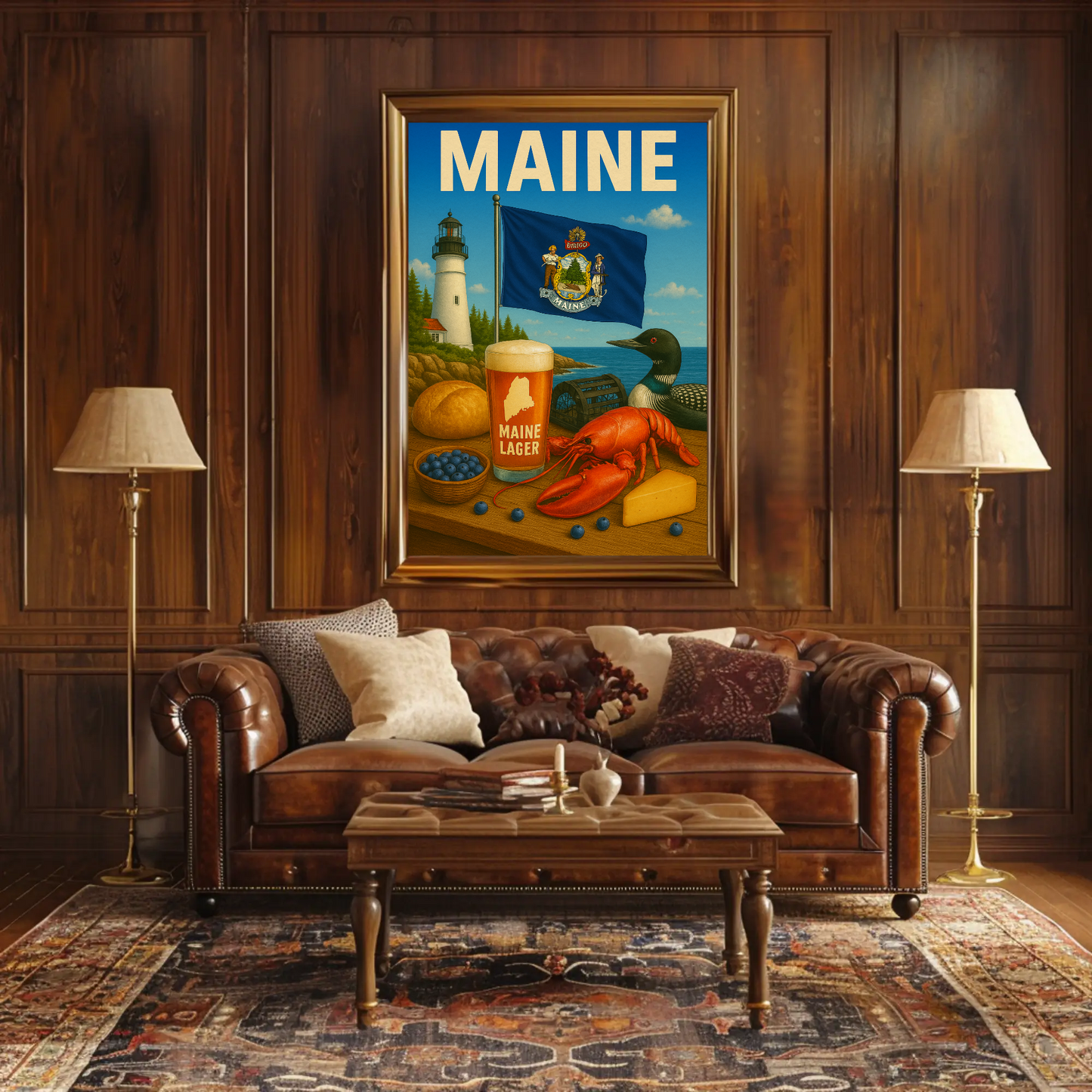 Maine Lobster Lighthouse Blueberry Beer Nature Travel Poster