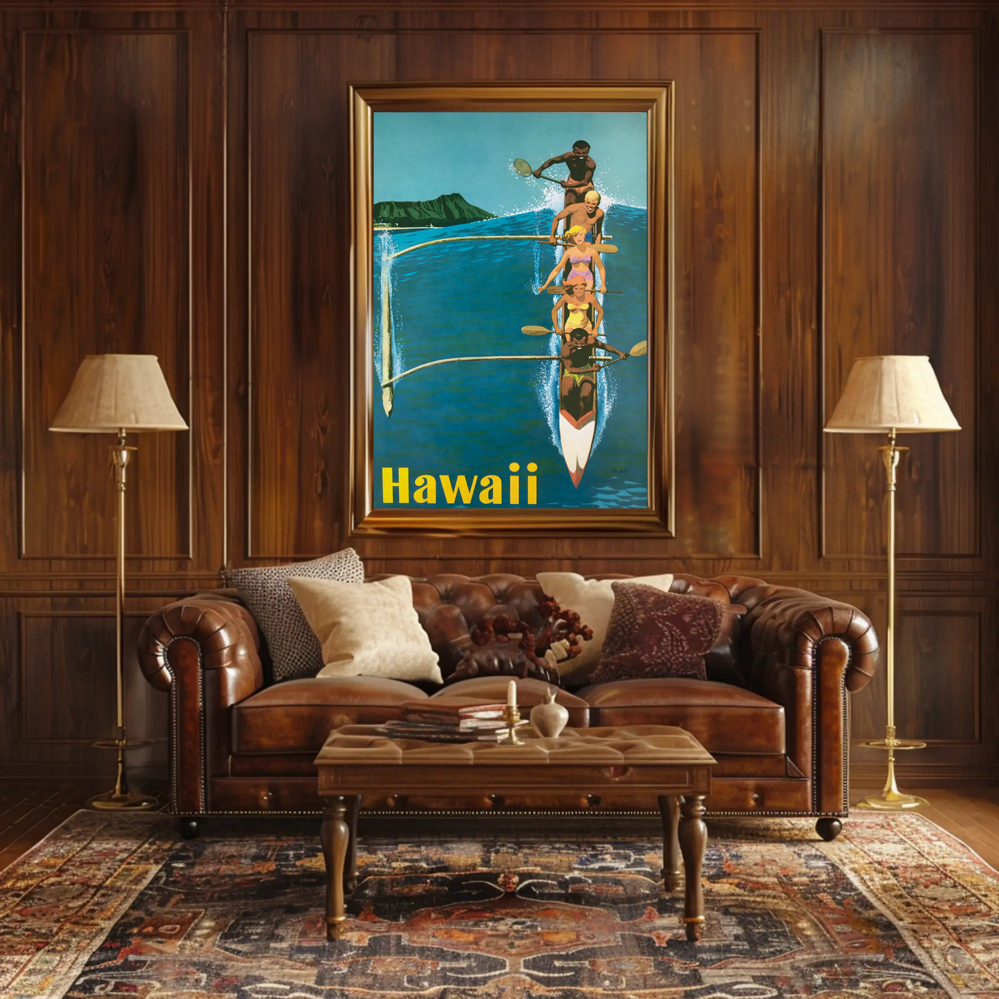 Hawaii Canoe Paddling Vintage Travel Poster Scene