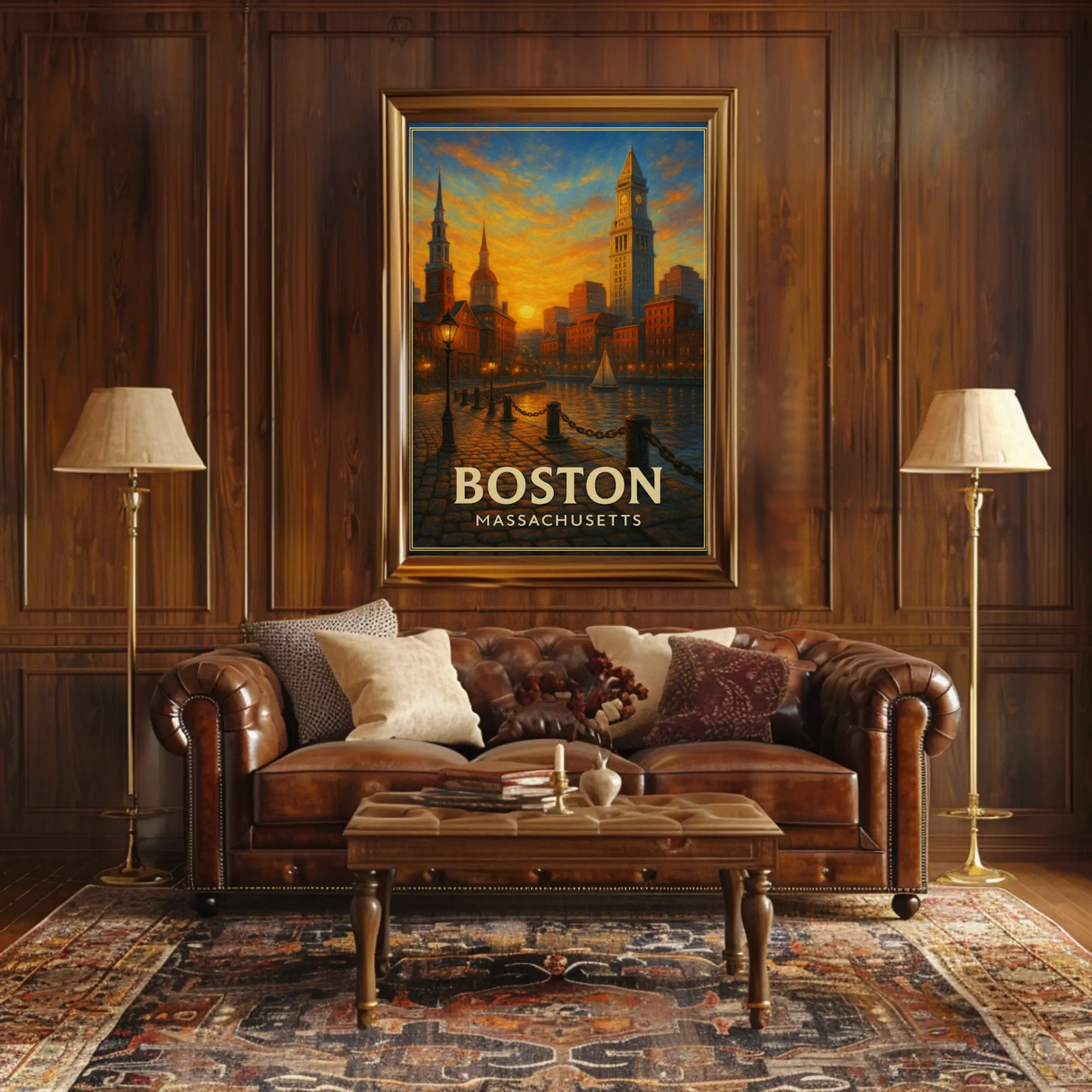 Boston Massachusetts Sunset Harbor Cityscape Travel Poster