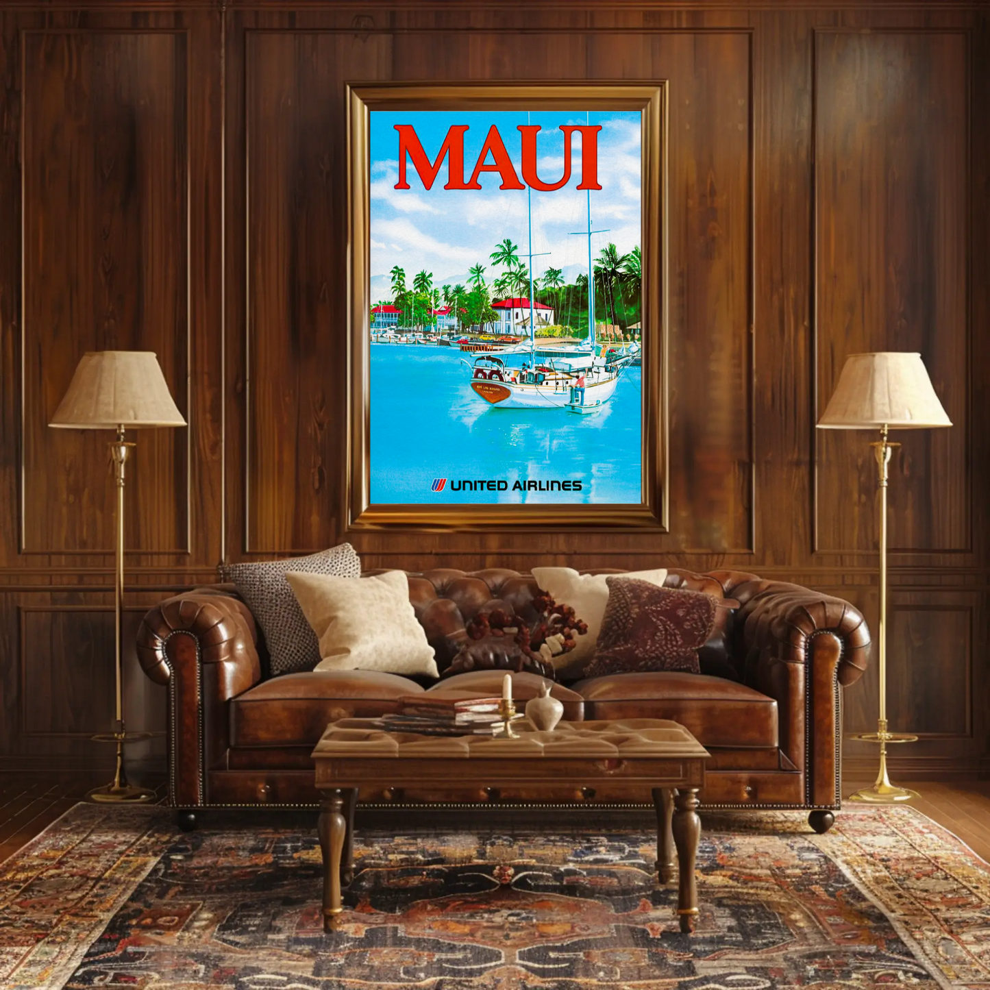 Maui Hawaii Harbor Sailboats Airlines Travel Poster