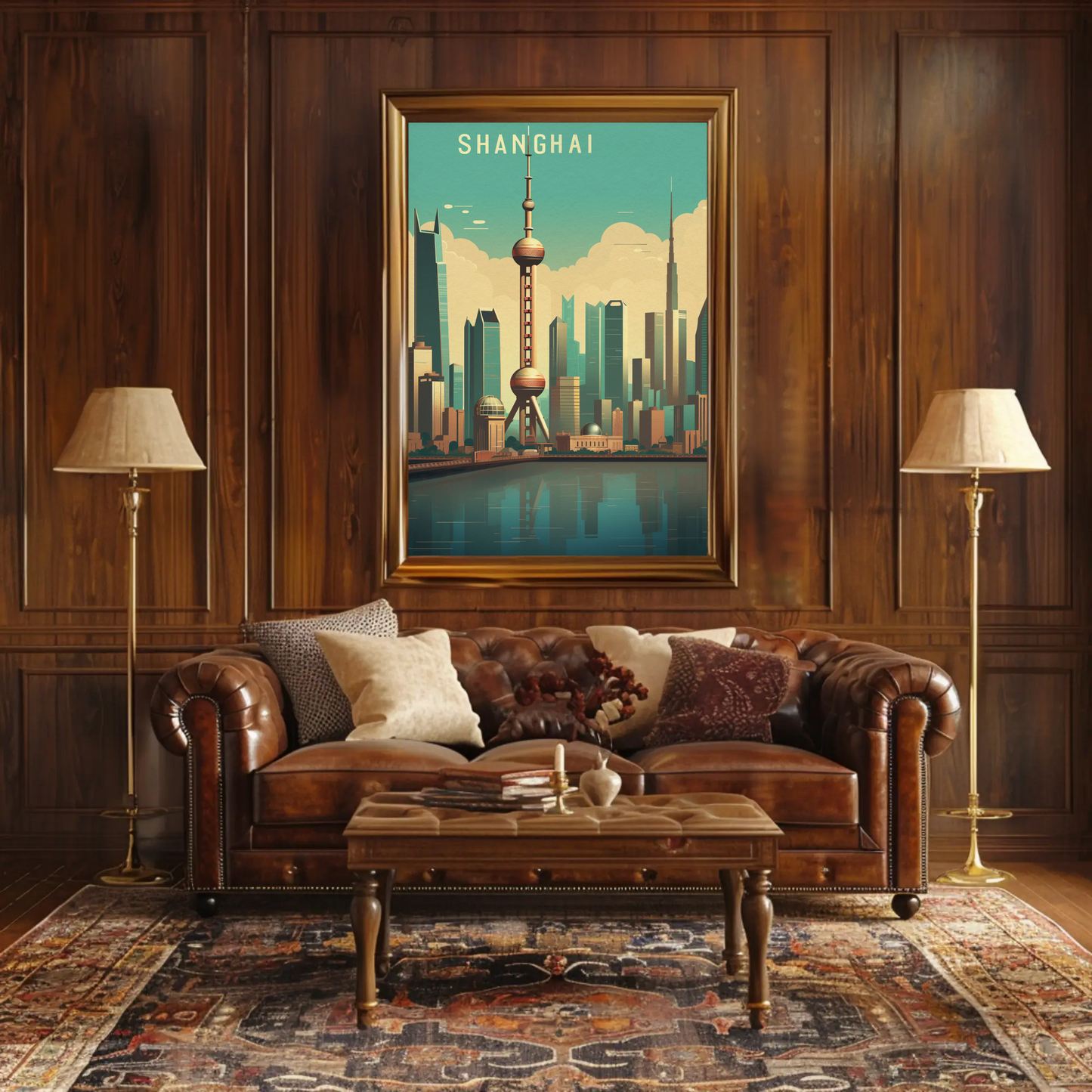 Shanghai China Futuristic Skyline Reflection Travel Poster