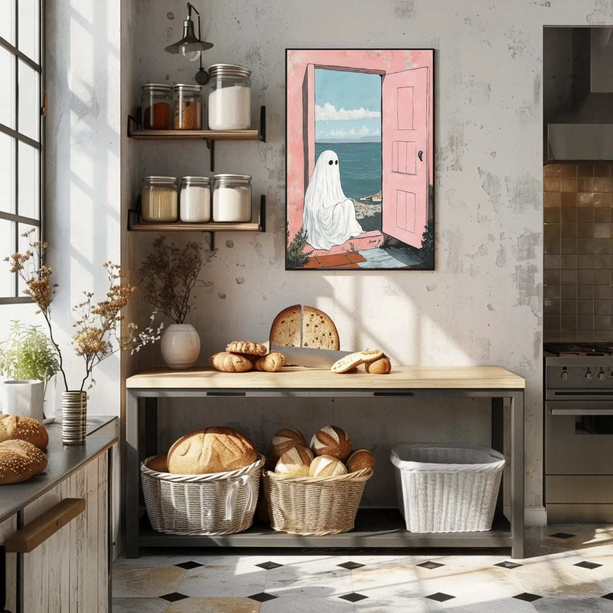 Ghostly Figure Ocean View Whimsical Surreal Pastel Poster