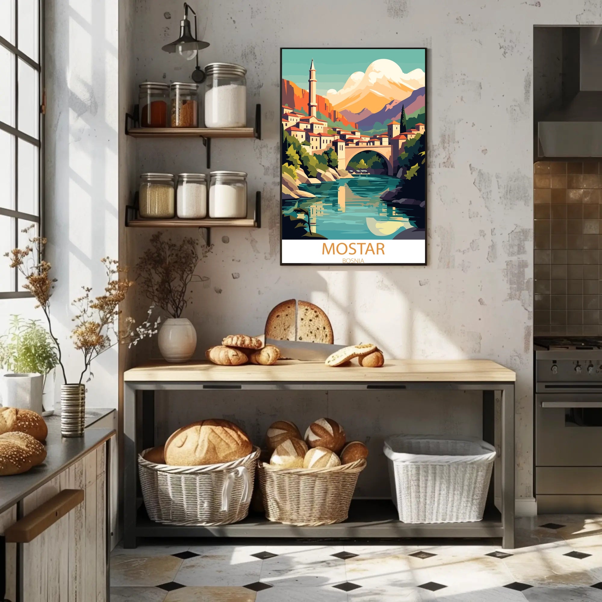 Mostar Vibrant Arched Bridge Travel Poster