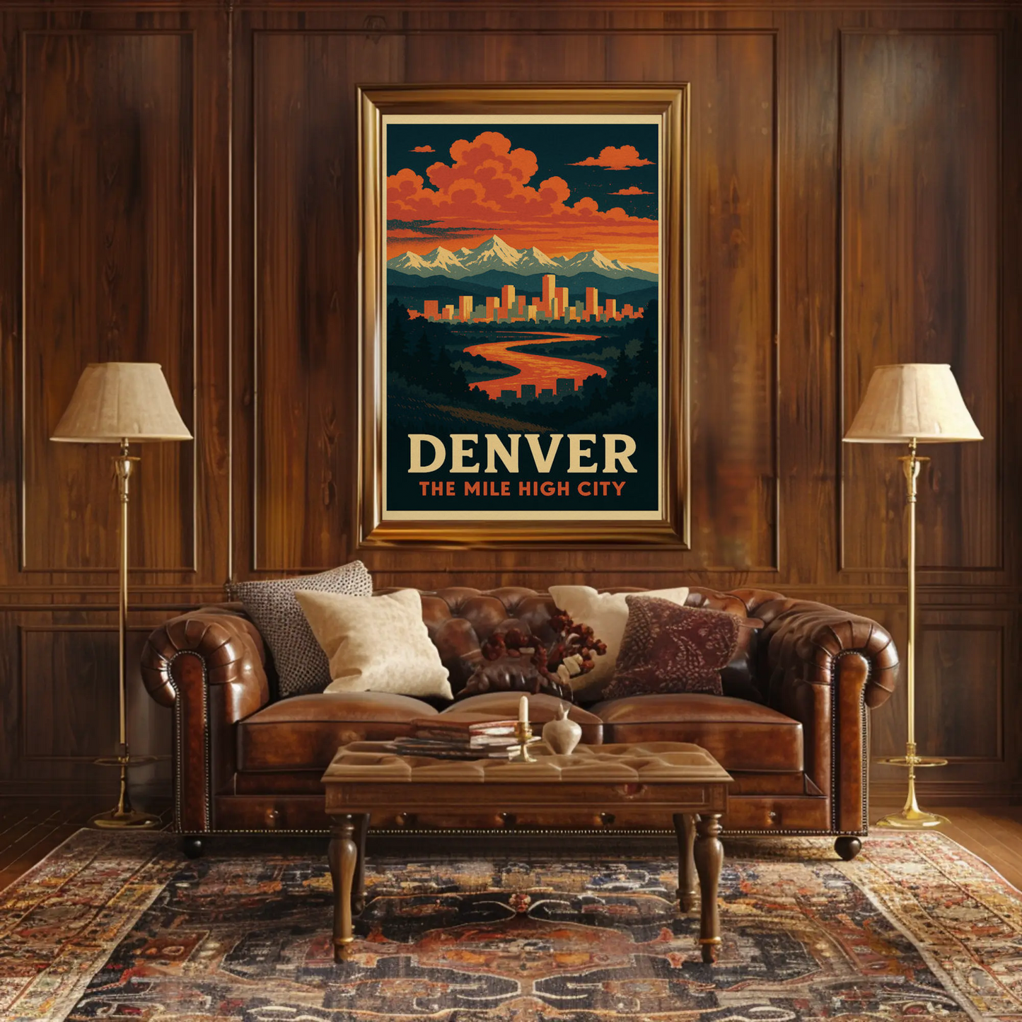 Denver Colorado Sunset Skyline Mountains Travel Poster