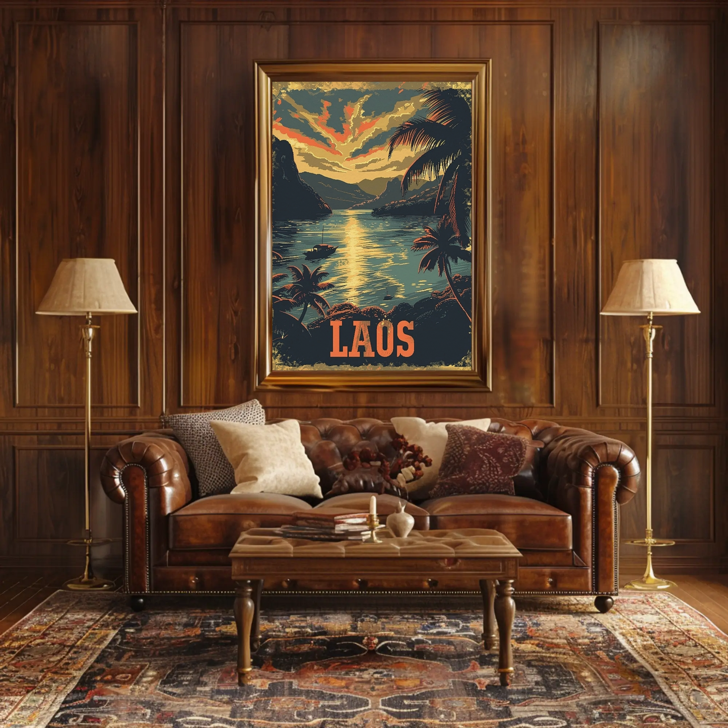 Laos River Sunset Palm Trees Landscape Travel Poster
