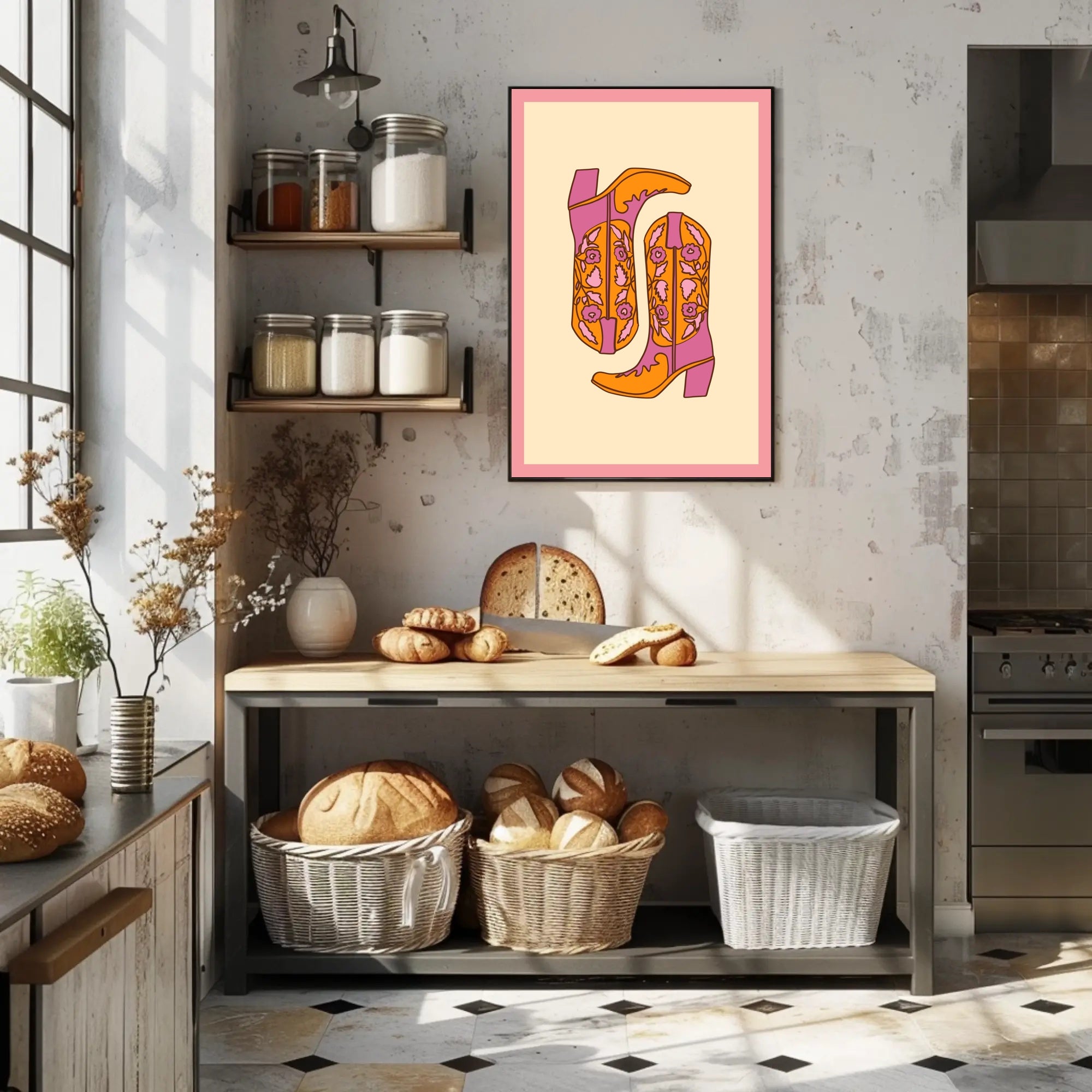 Stylized Cowboy Boots Retro Pop Culture Poster PosterGoat