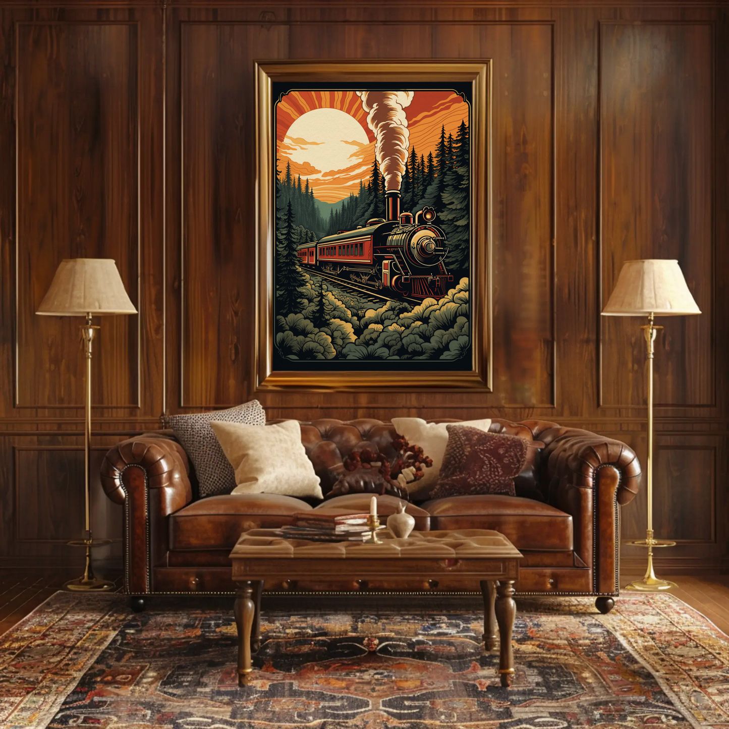 Vintage Steam Train Forest Railway Sunset Travel Poster