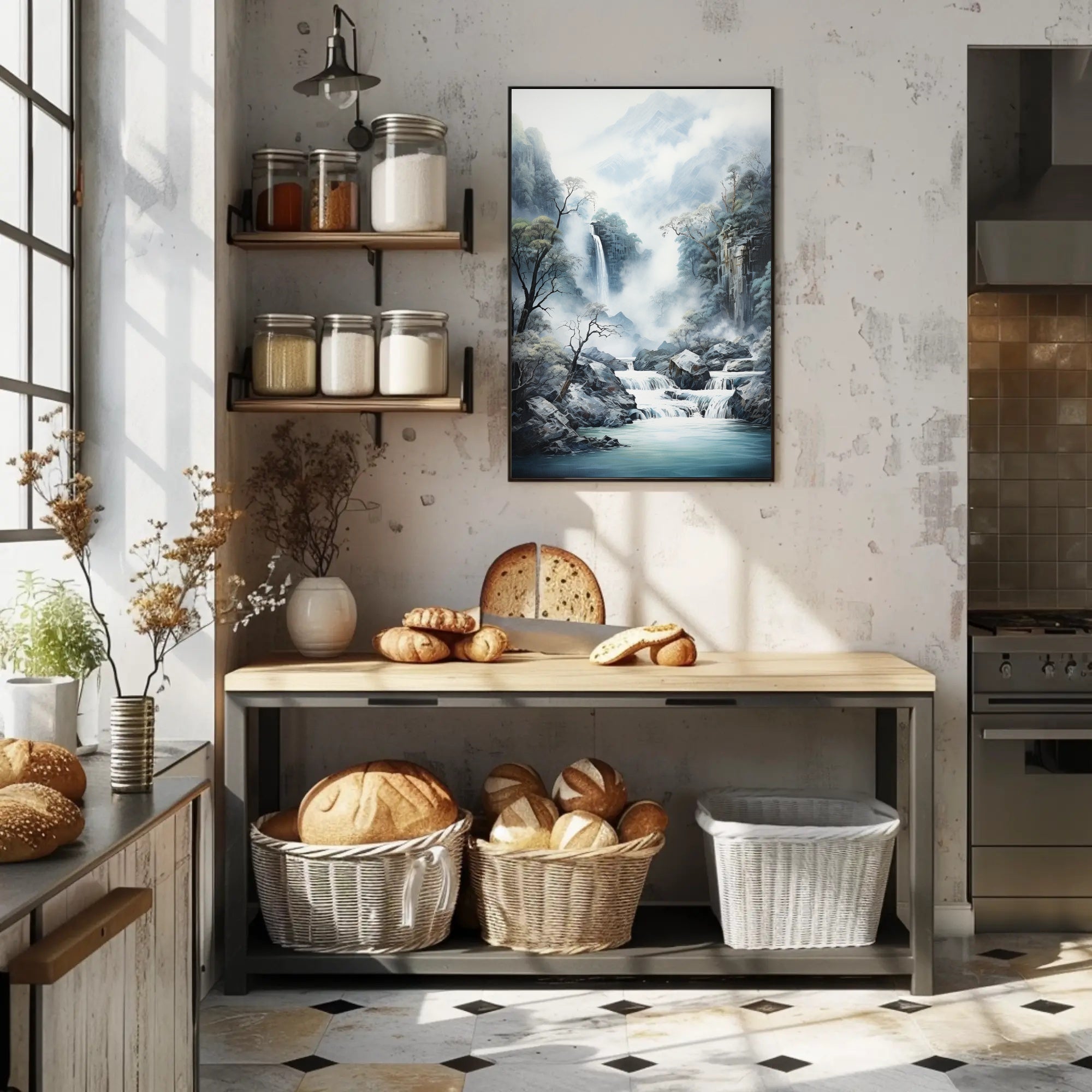 Tranquil Waterfall In Misty Mountains Poster