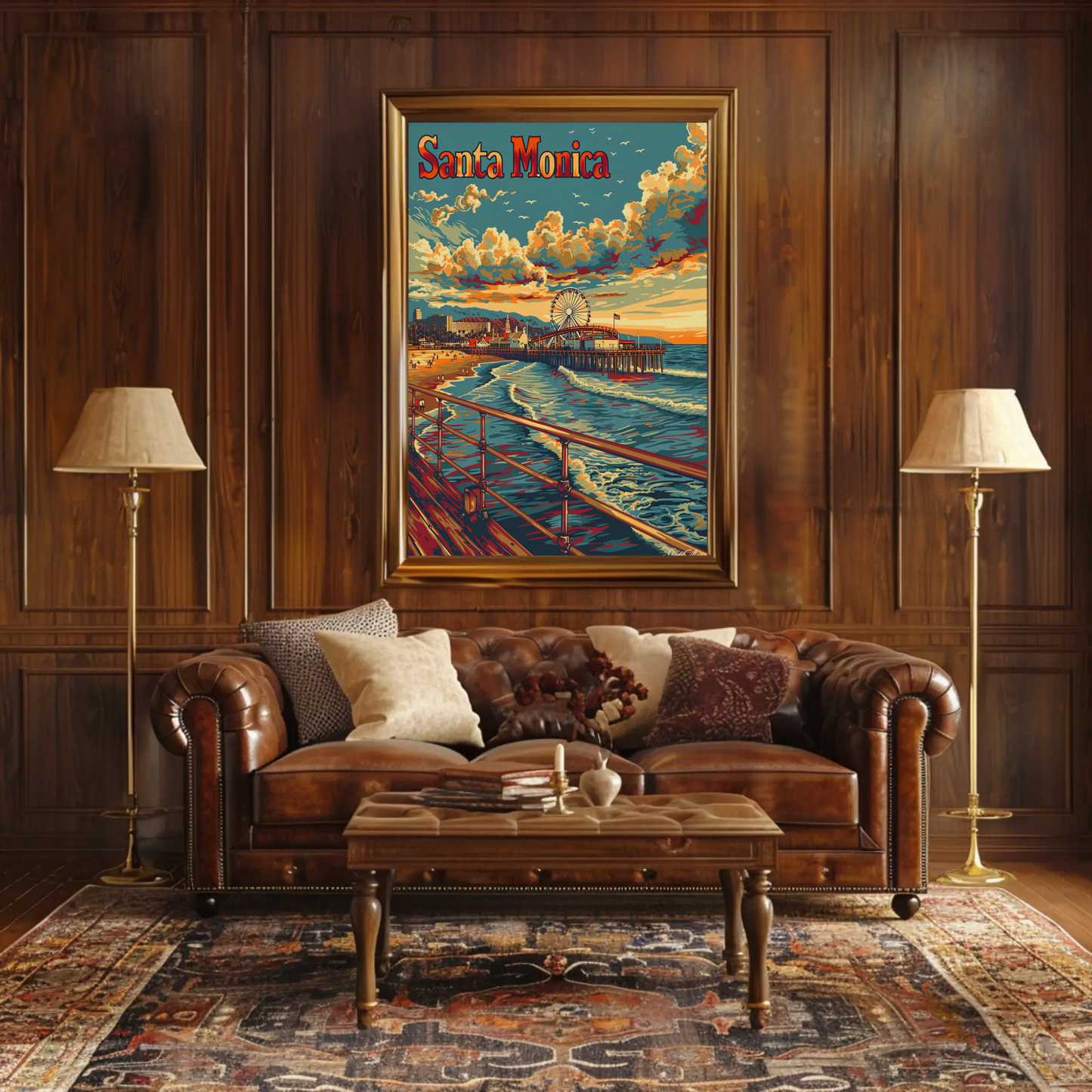 Santa Monica Sunset Pier and Surf Travel Poster