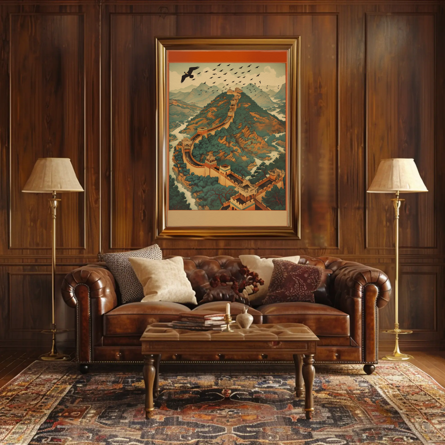 Great Wall Soaring Eagle Over Mountains Travel Poster