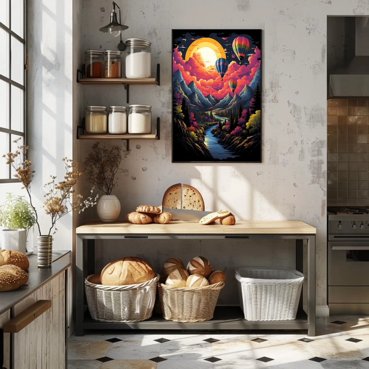 Vibrant Surreal Landscape Poster with Hot Air Balloons