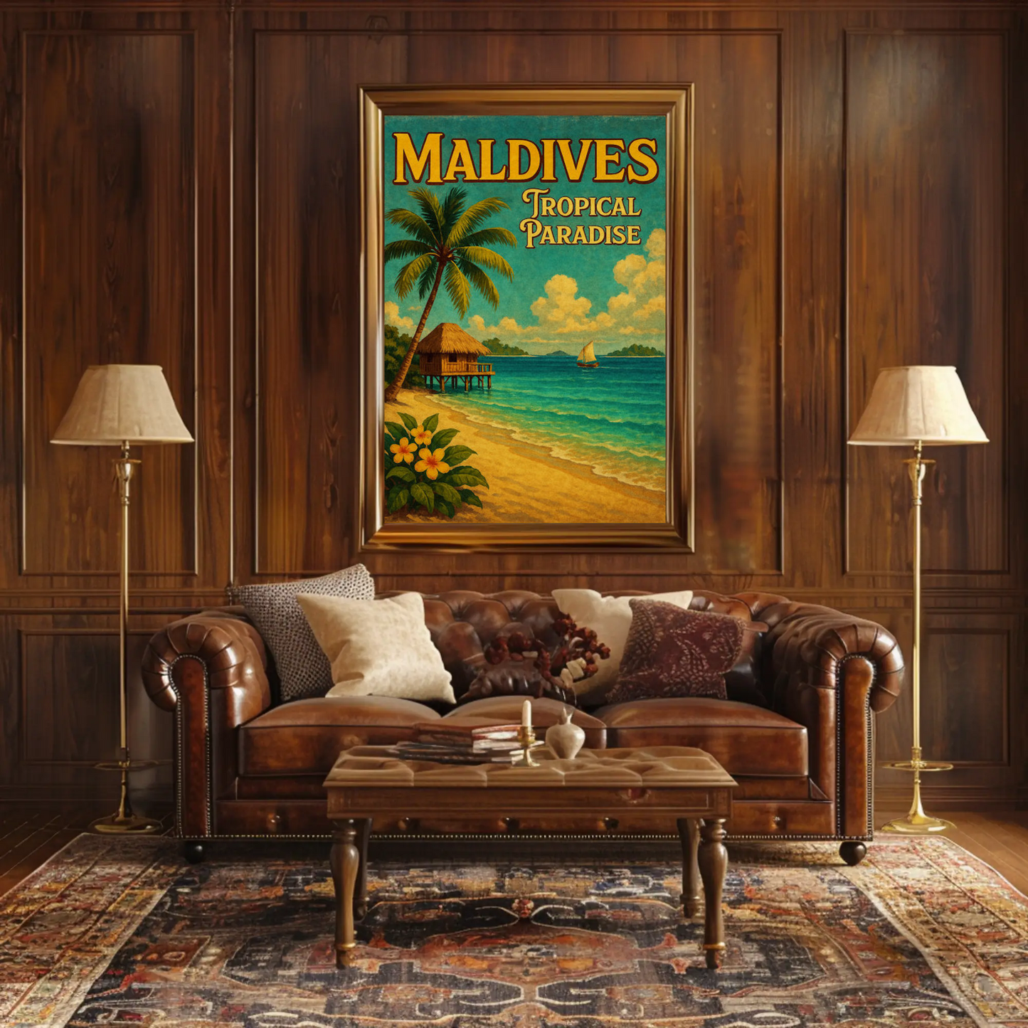 Maldives Tropical Hut With Sailboat Scene Travel Poster