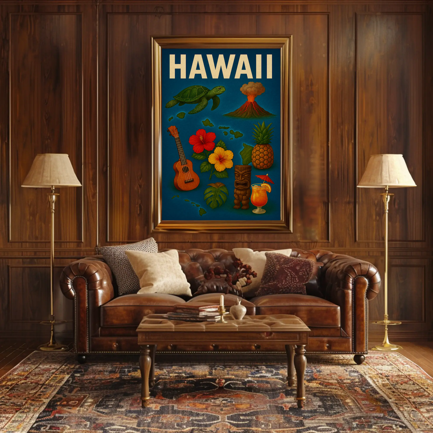 Hawaii Island Symbols Vintage Travel Poster