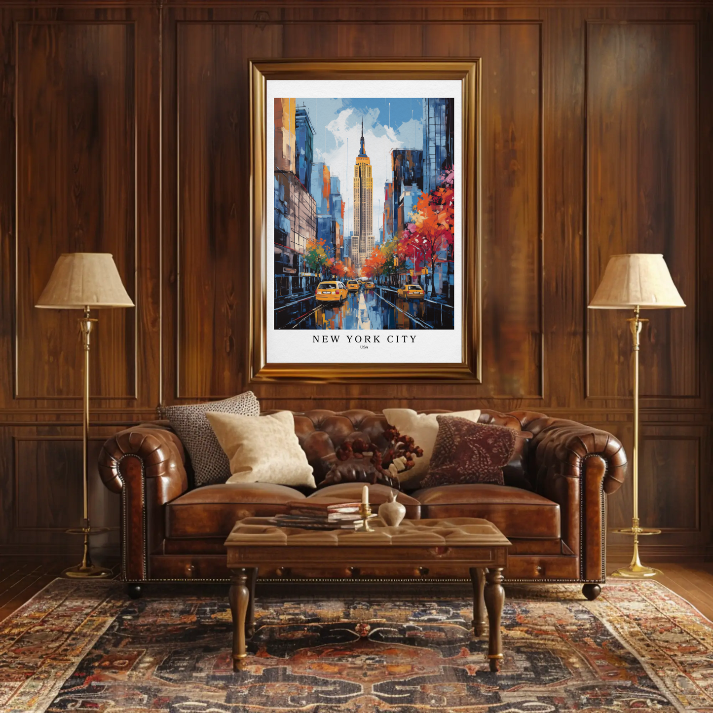 New York City Fall Taxis Empire State Building Travel Poster