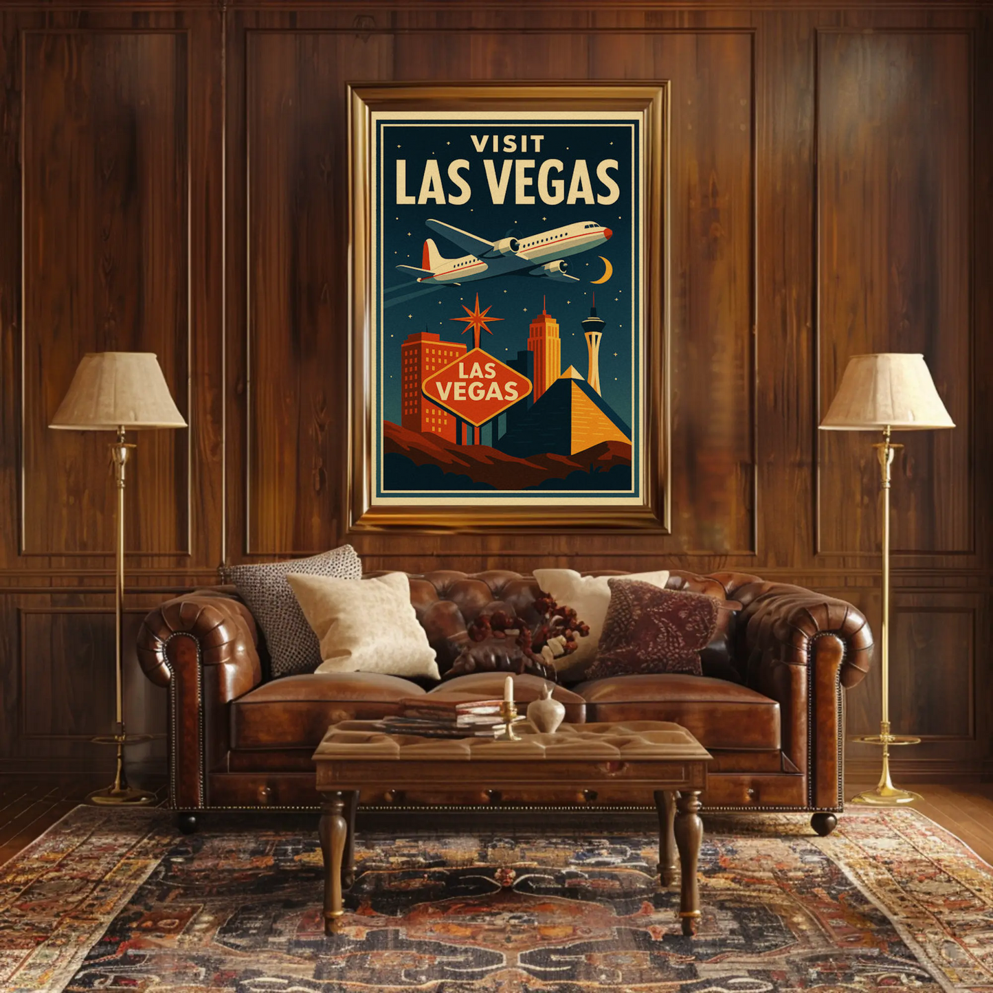 Visit Las Vegas Stylized Airliner Night Neon Glow Travel Poster