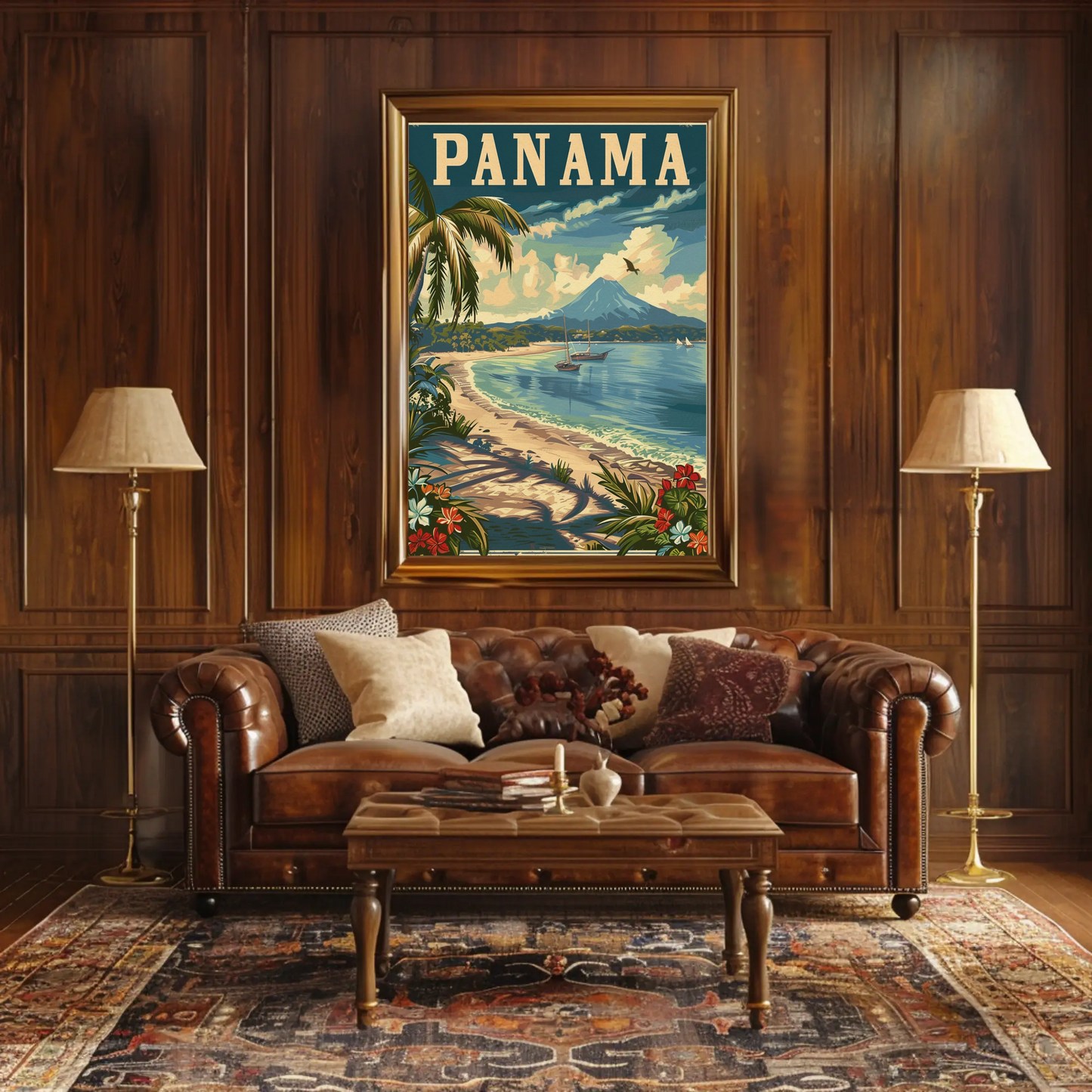 Panama Beach Volcano Sailboats Paradise Travel Poster