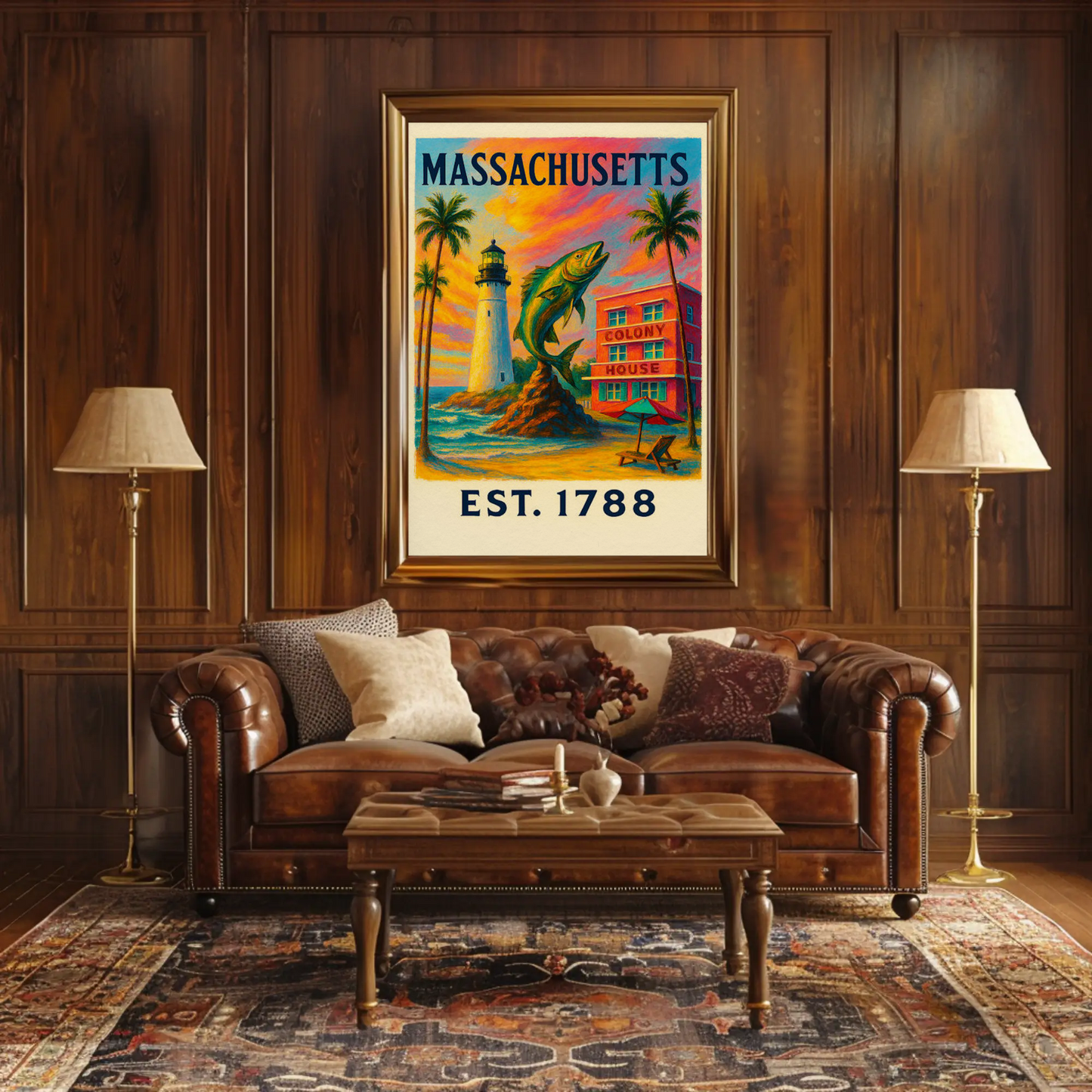 Massachusetts Lighthouse Fish Colony House Sunset Poster