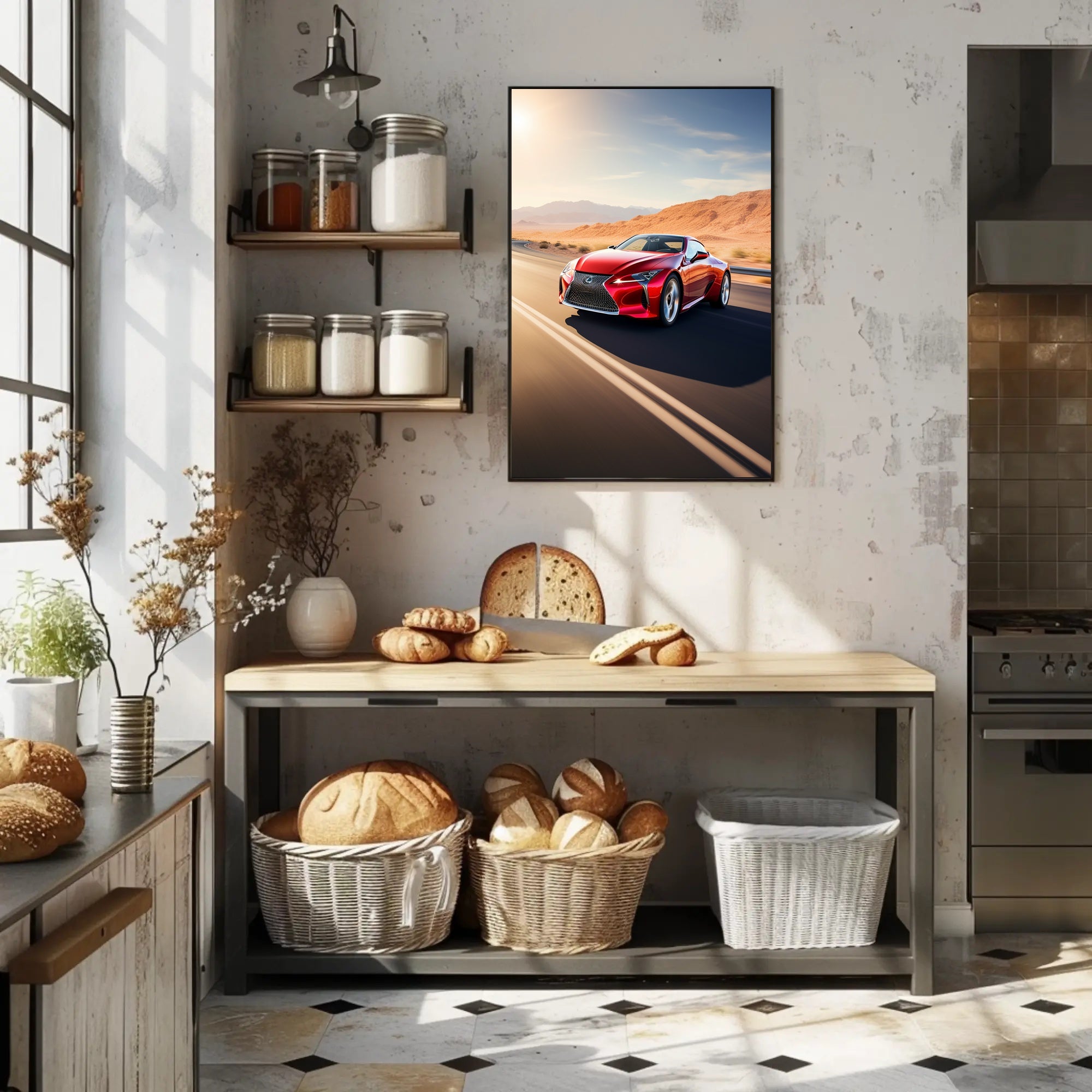 Red Sports Car in Motion Poster PosterGoat