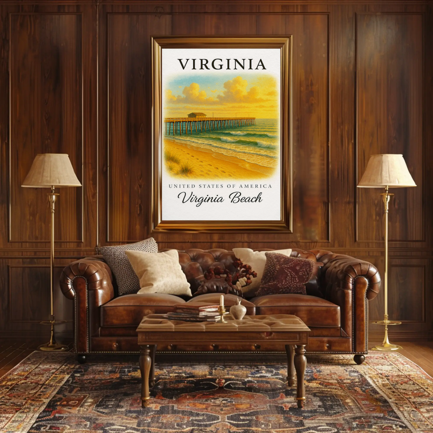 Virginia Beach Pier Ocean Sunset Classic Seaside Travel Poster