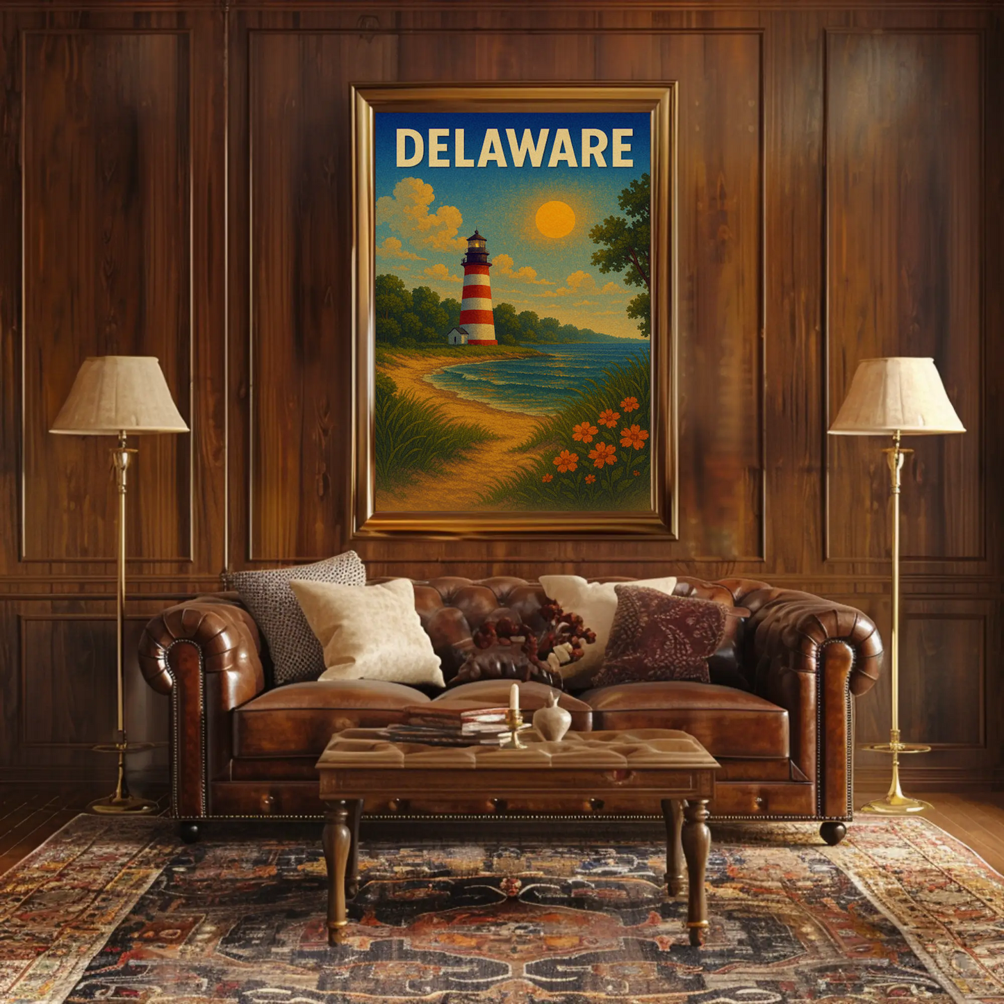 Delaware Striped Lighthouse Sunset Beach Travel Poster