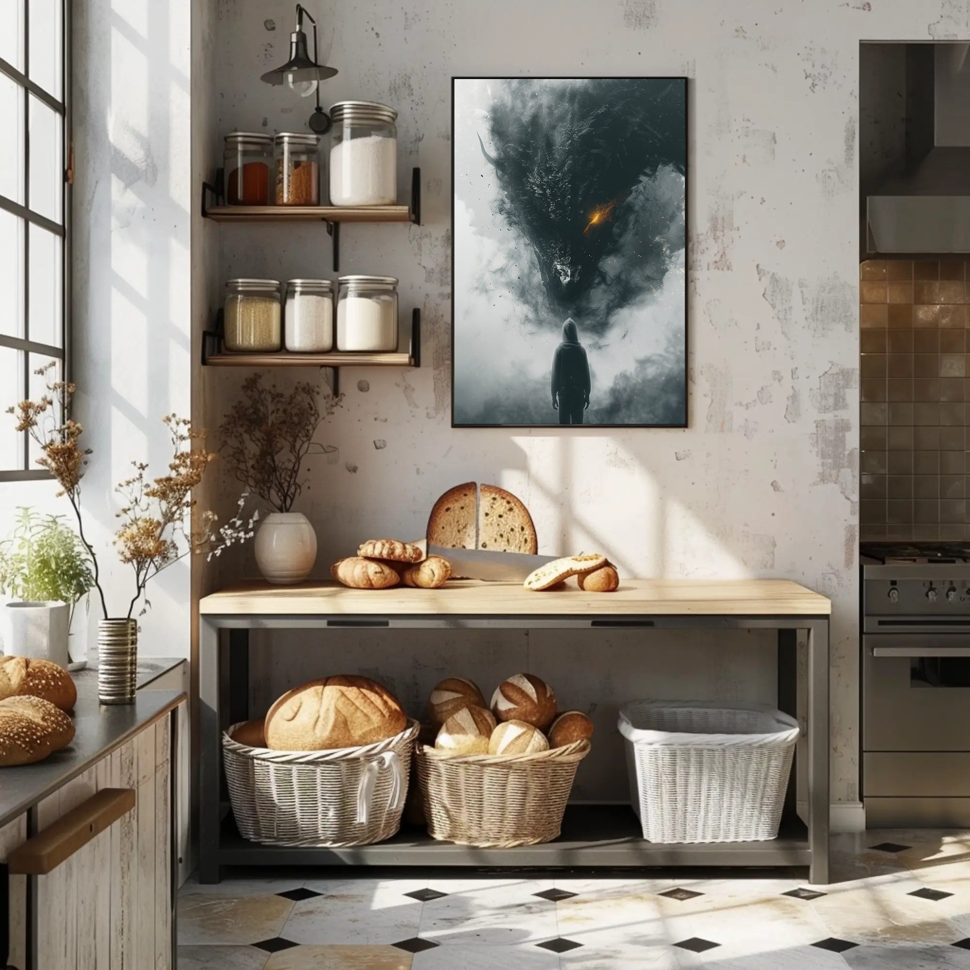 Dragon Confrontation: Dark Fantasy Art Poster PosterGoat