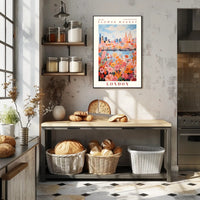 London Flower Market: Vibrant Blooms Against Iconic Skyline Poster