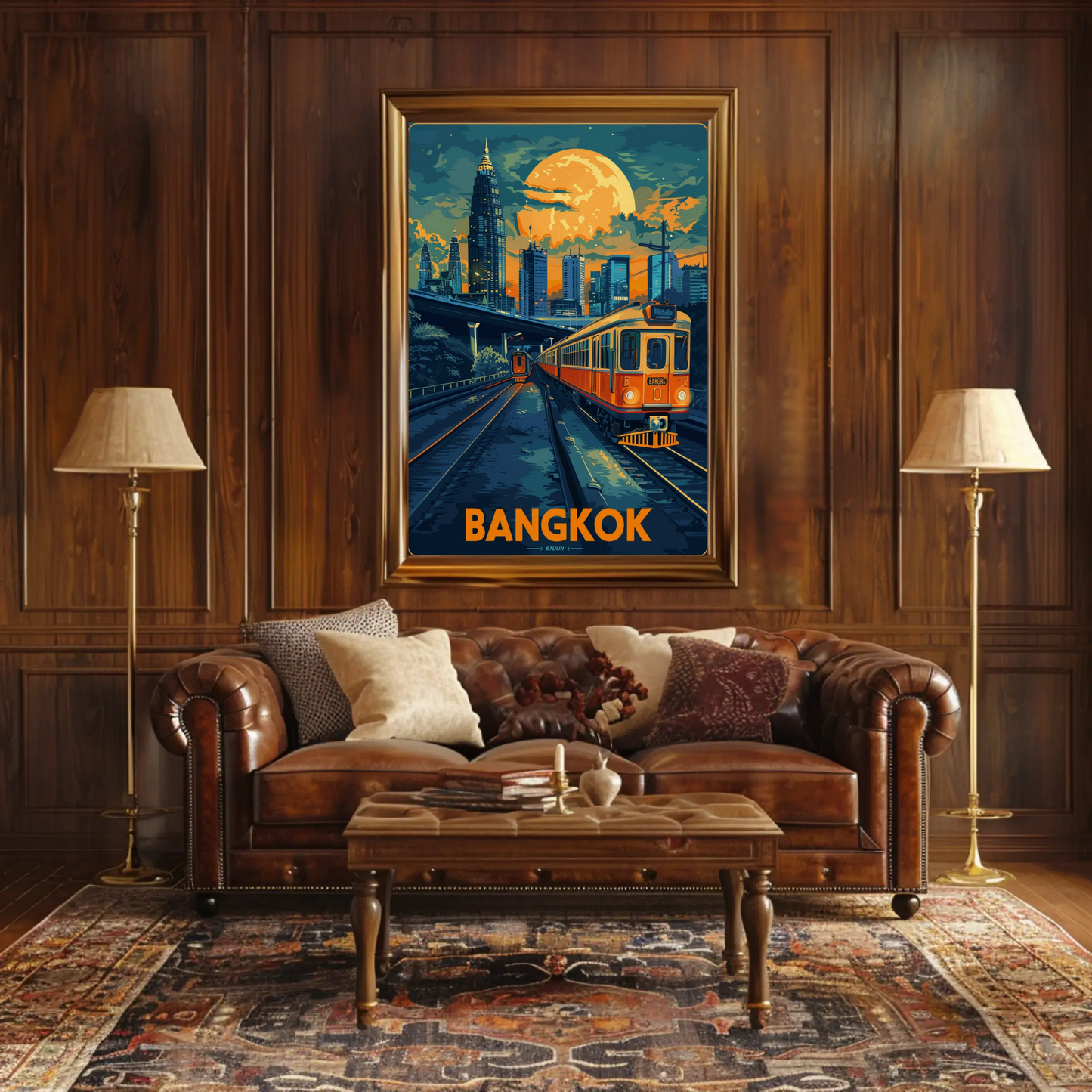 Bangkok Skyline Train Moonlight Glow Travel Poster