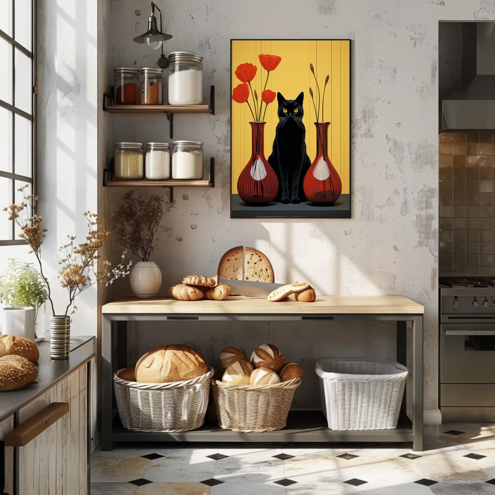 Black Cat And Red Vases Poster