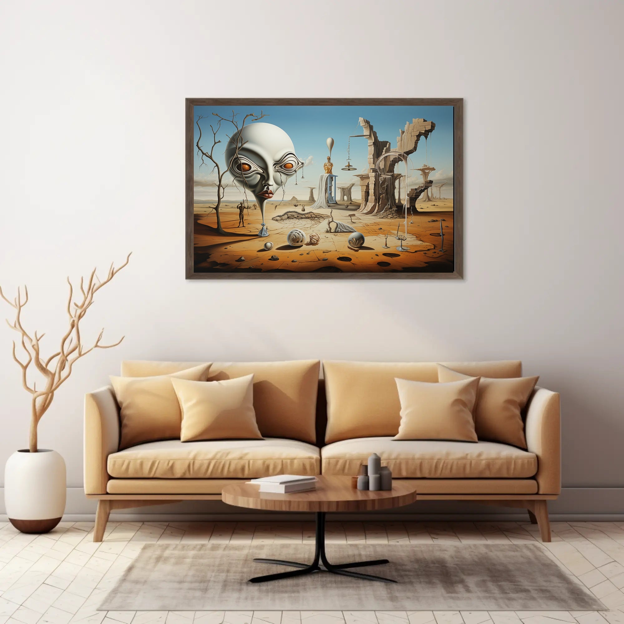 Surreal Desertscape with Abstract Alien Figure Artistic Poster
