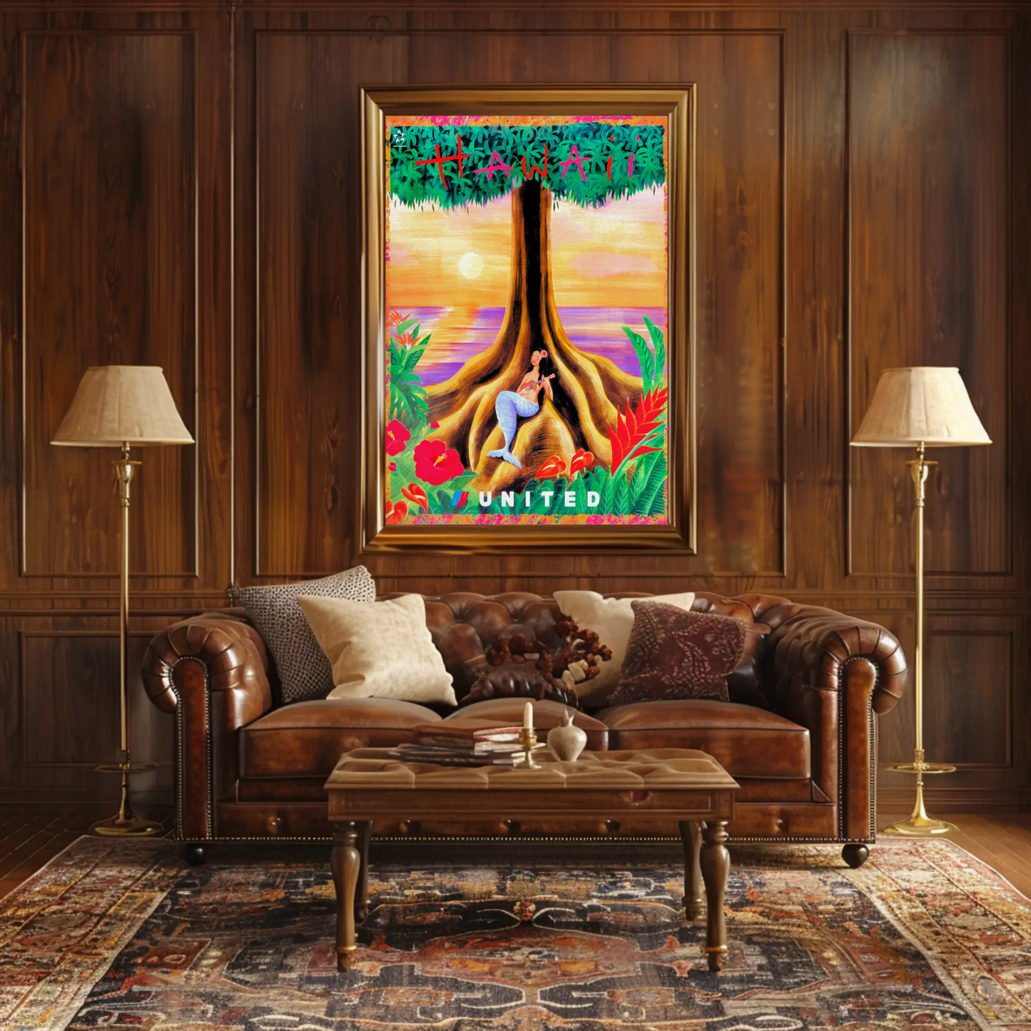 Hawaii Mermaid Tree Sunset United Travel Poster