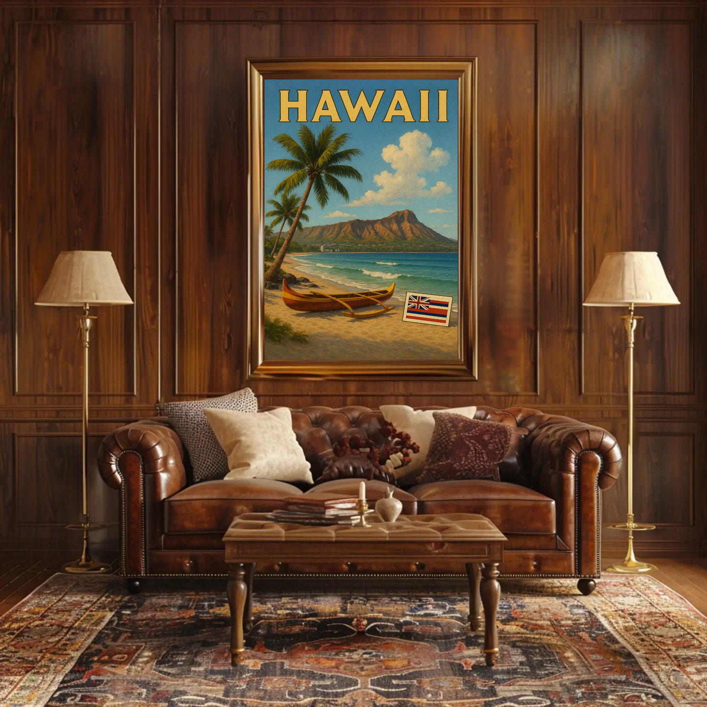 Hawaii Canoe Flag Diamond Head Ocean View Travel Poster