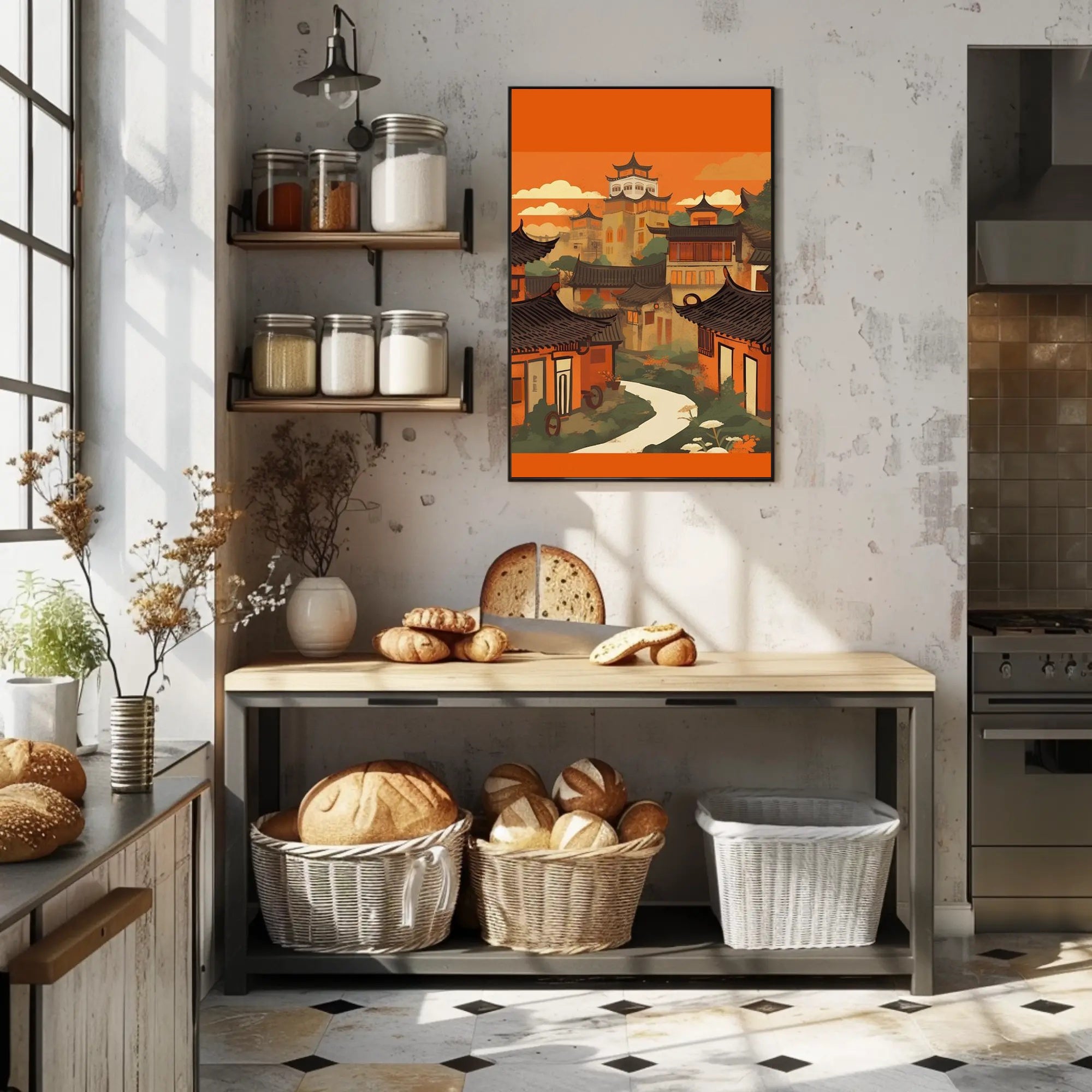 Tranquil Village at Sunset Poster
