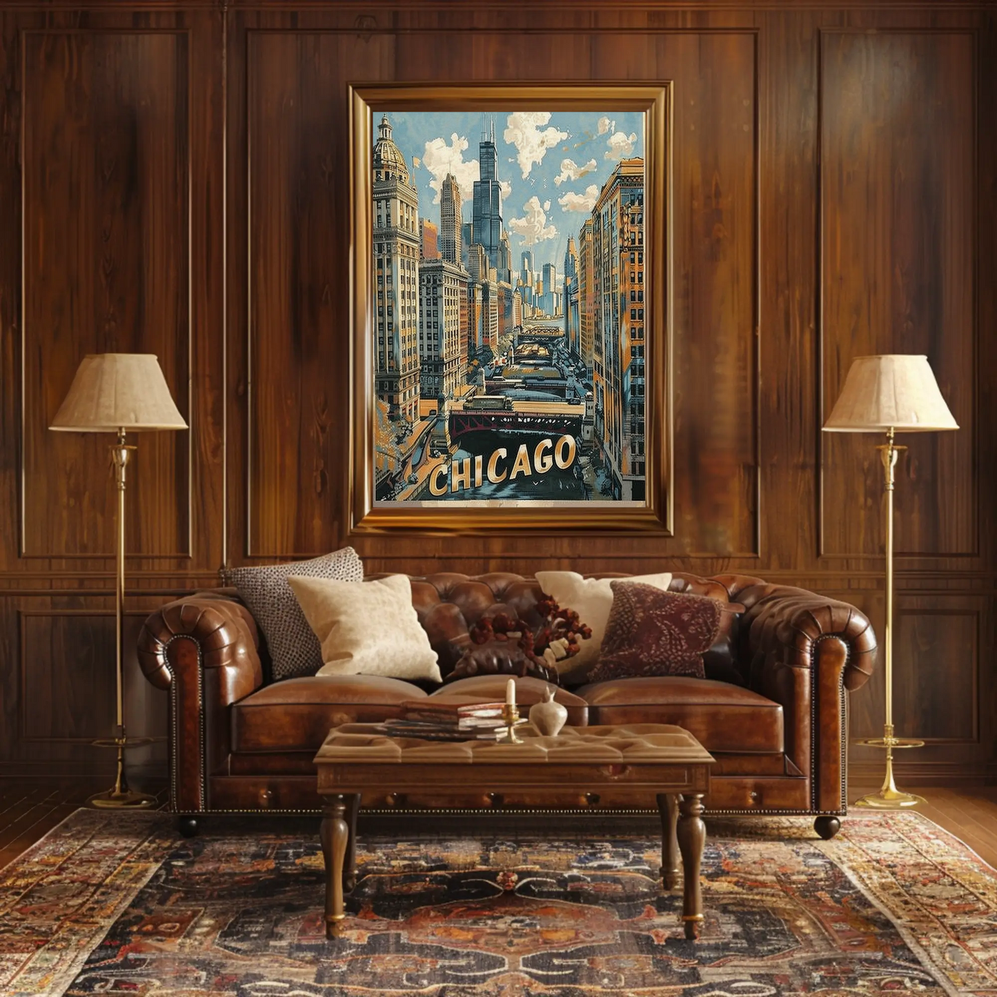 Chicago Skyline River Train Architecture Cityscape Travel Poster