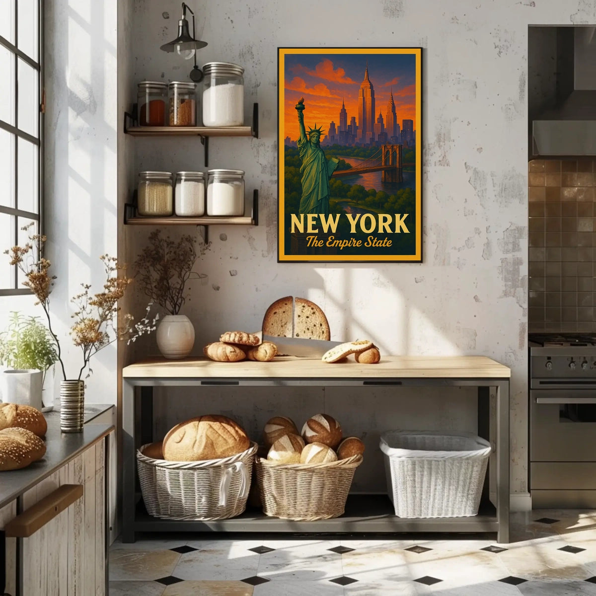 New York City Landmarks At Sunset Poster Vintage Wall Art