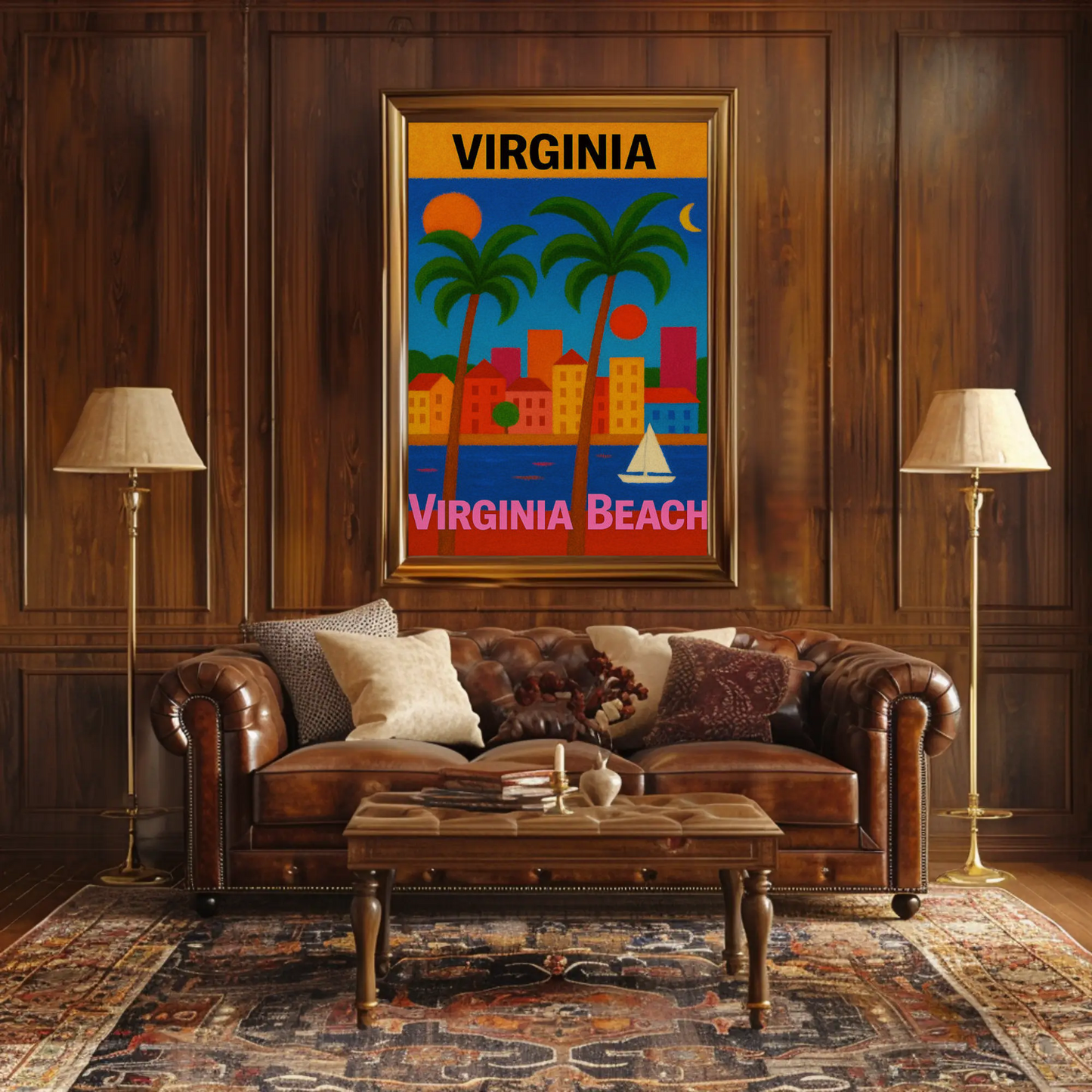 Virginia Beach Colorful Palms Cityscape Sunset Travel Poster