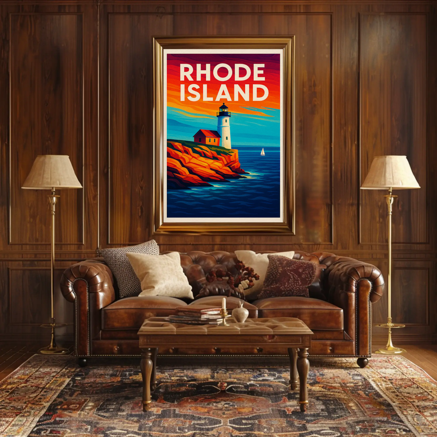 Rhode Island Coast Lighthouse Ocean Sunset Travel Poster