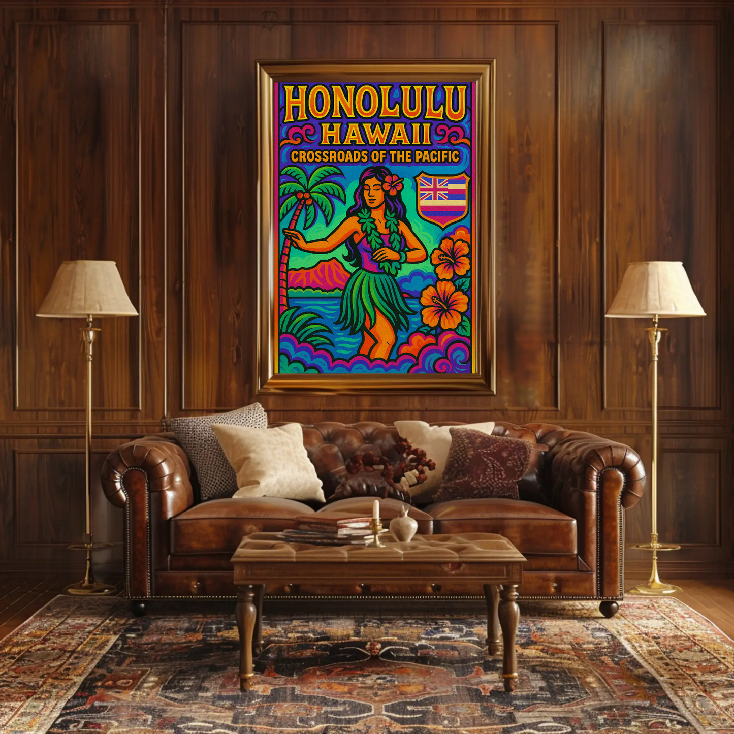 Honolulu Hawaii Pacific Vibrant Dancer Ocean Travel Poster