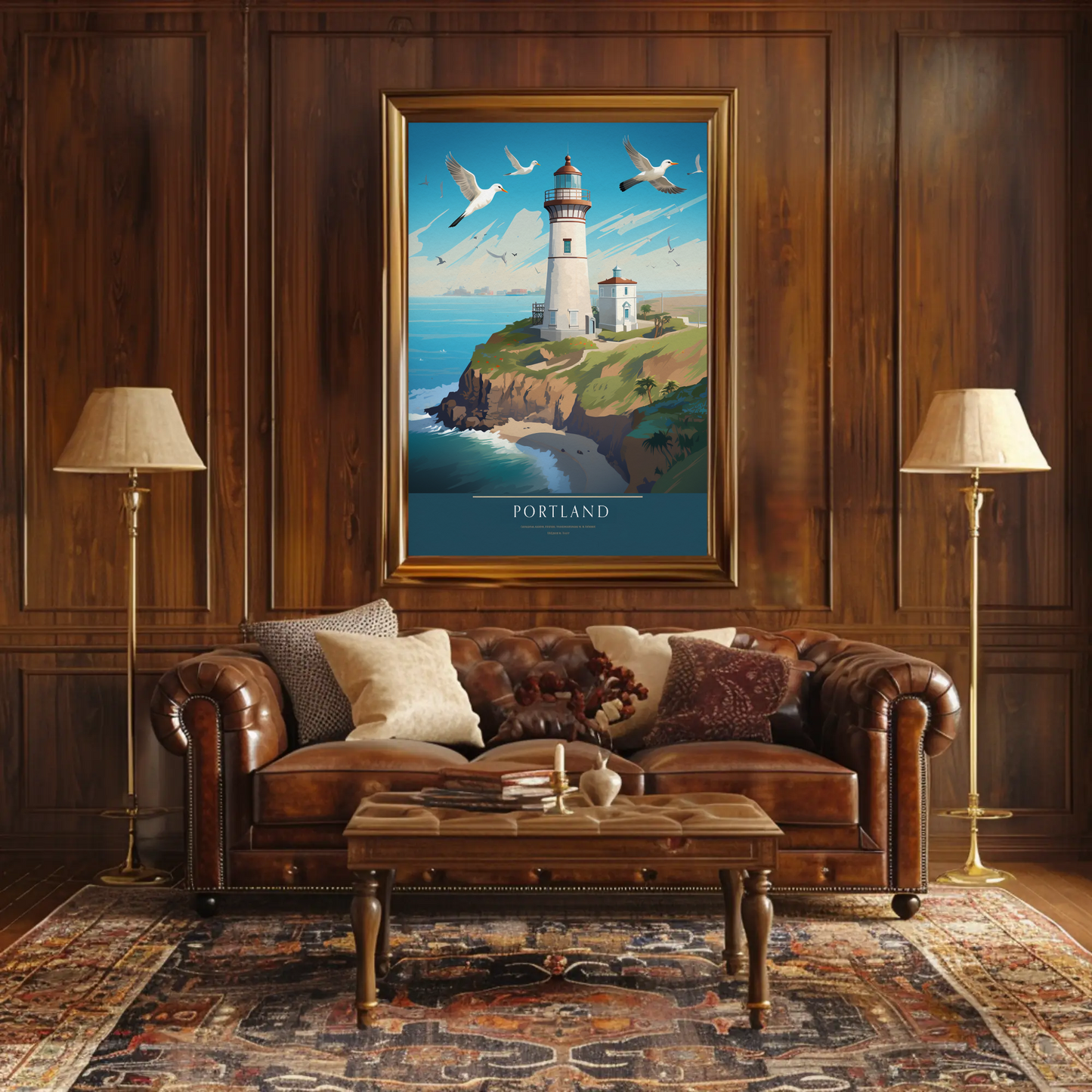 Portland Coastal Lighthouse and Seagulls Travel Poster